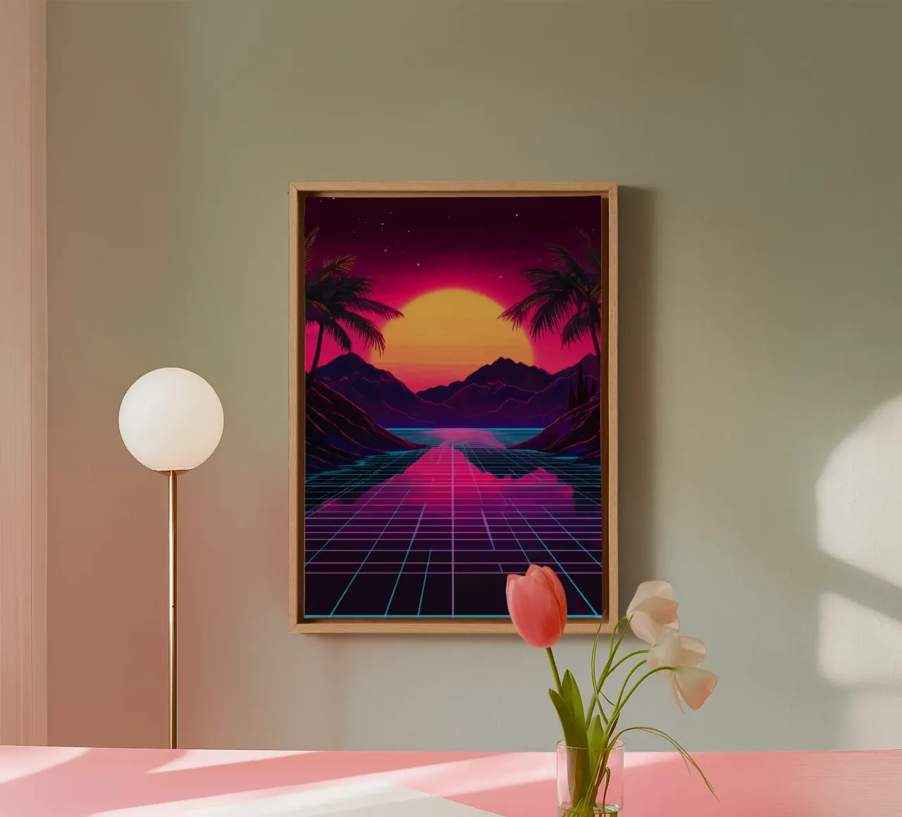 Retro synthwave zonsondergang canvas van pixelbull - medieval art and more