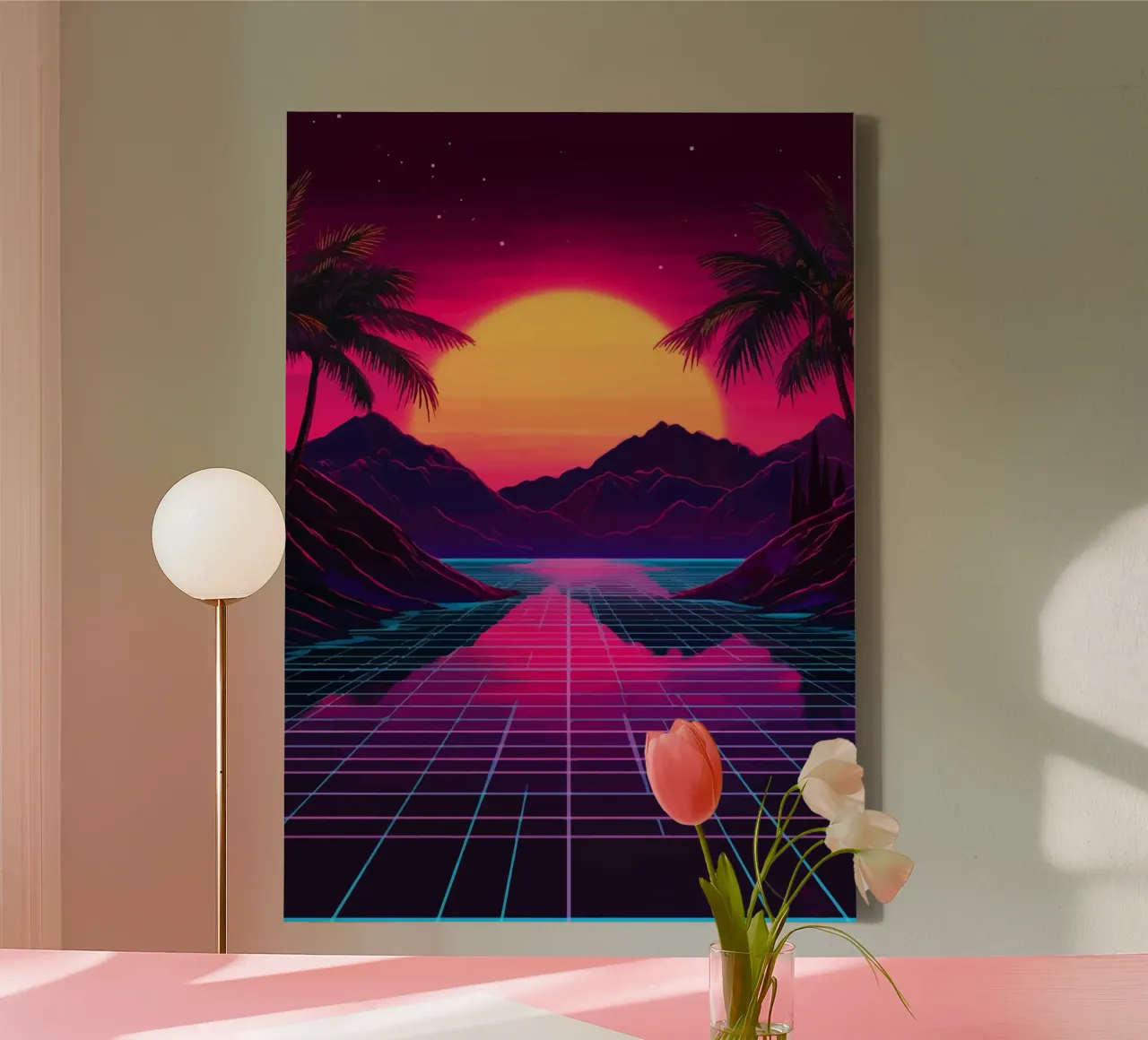 Retro synthwave zonsondergang canvas van pixelbull - medieval art and more
