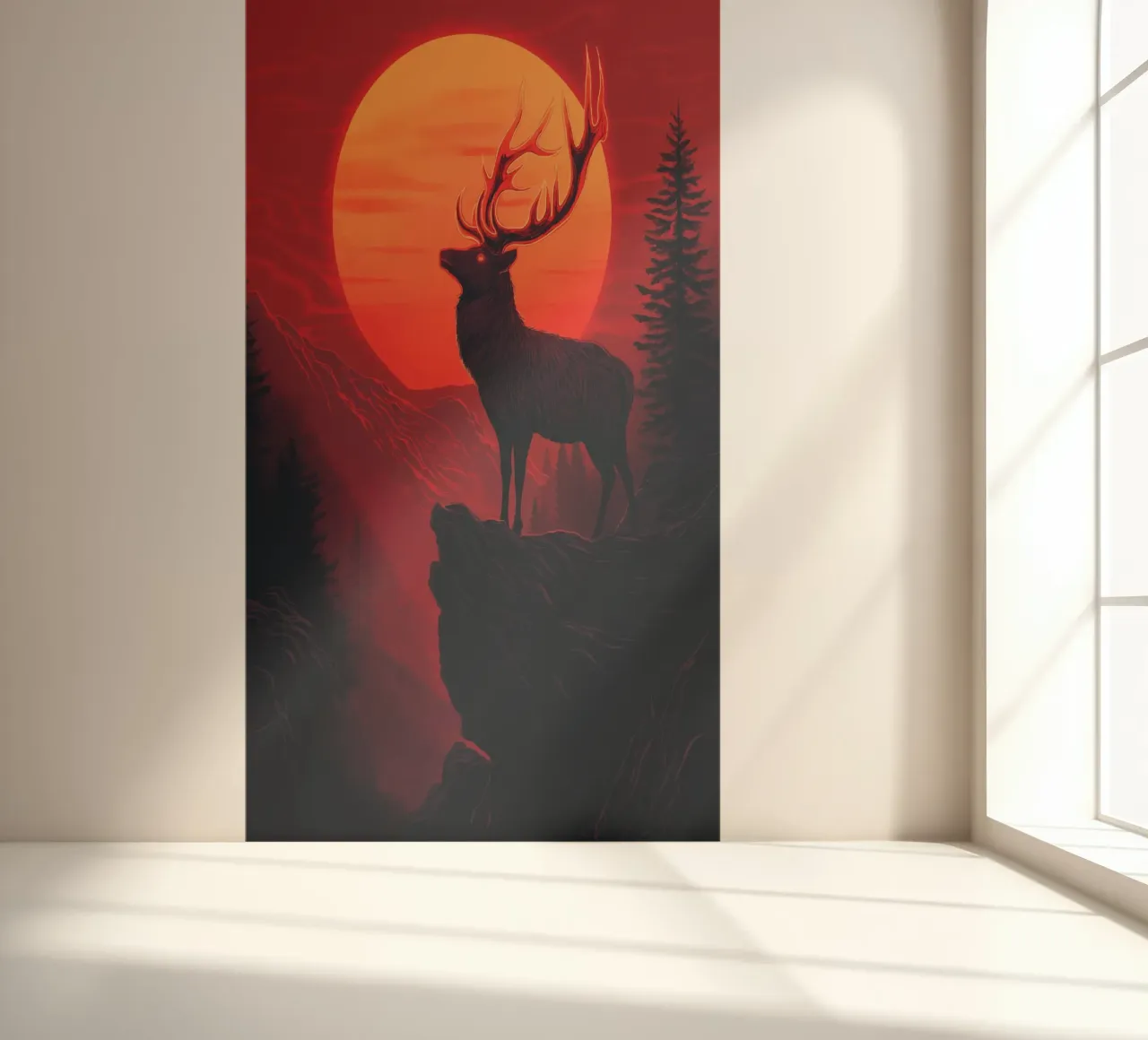 Majestätischer Hirsch vor blutrotem Sonnenuntergang Fototapete von pixelbull - medieval art and more