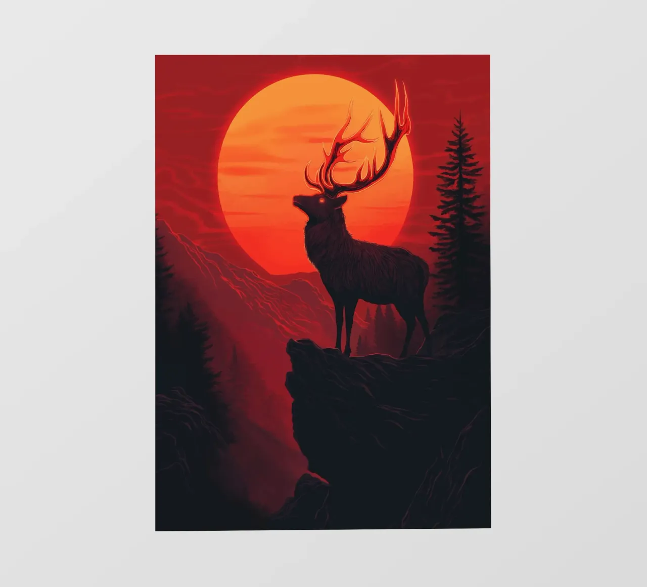 Majestätischer Hirsch vor blutrotem Sonnenuntergang Fototapete von pixelbull - medieval art and more