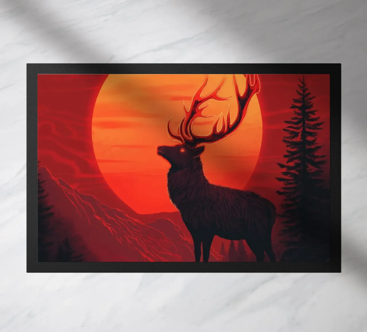 Un maestoso cervo davanti a un tramonto rosso sangue zerbino da pixelbull - medieval art and more