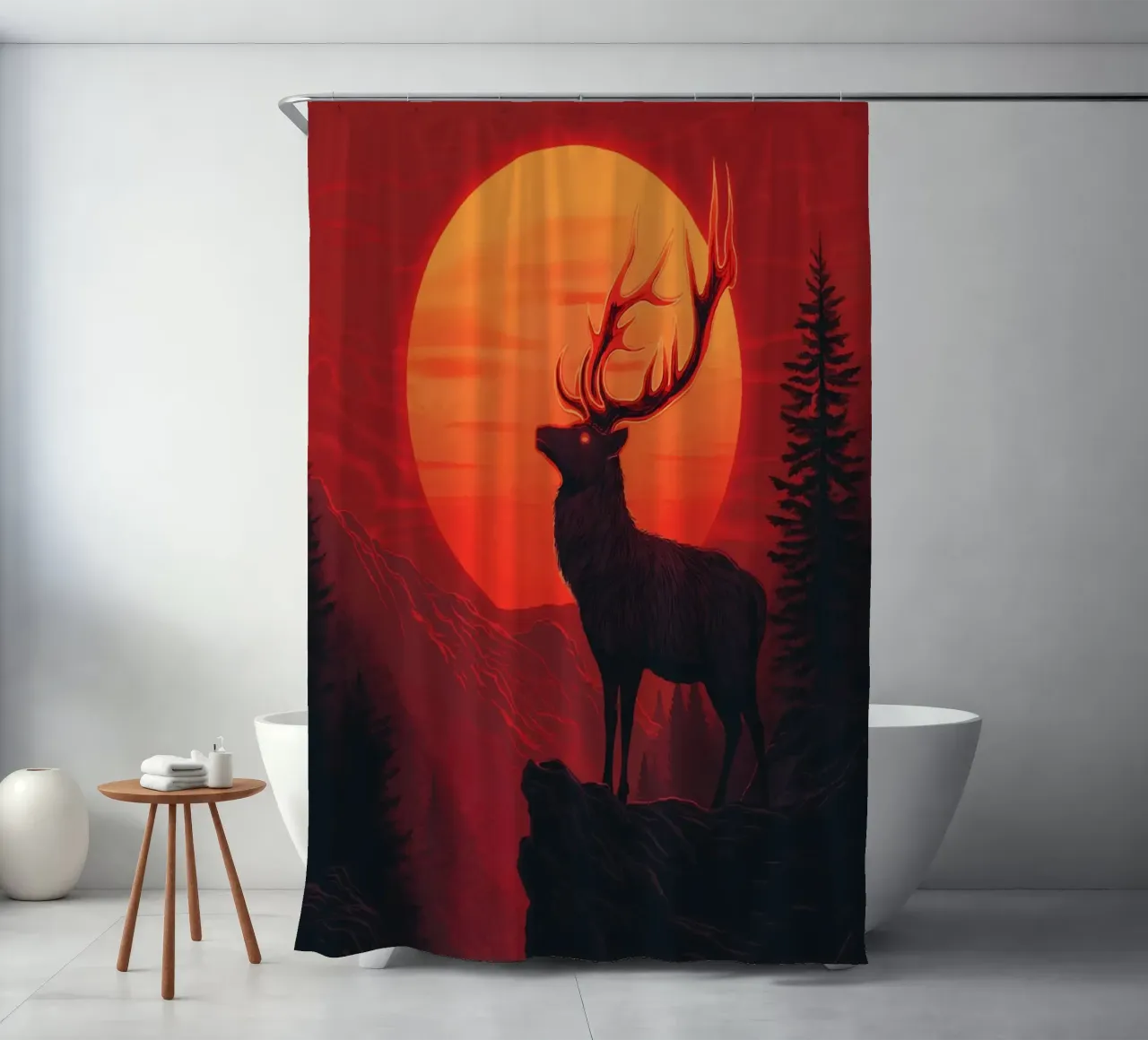 Majestic stag in front of a blood-red sunset shower curtain by pixelbull - medieval art and more