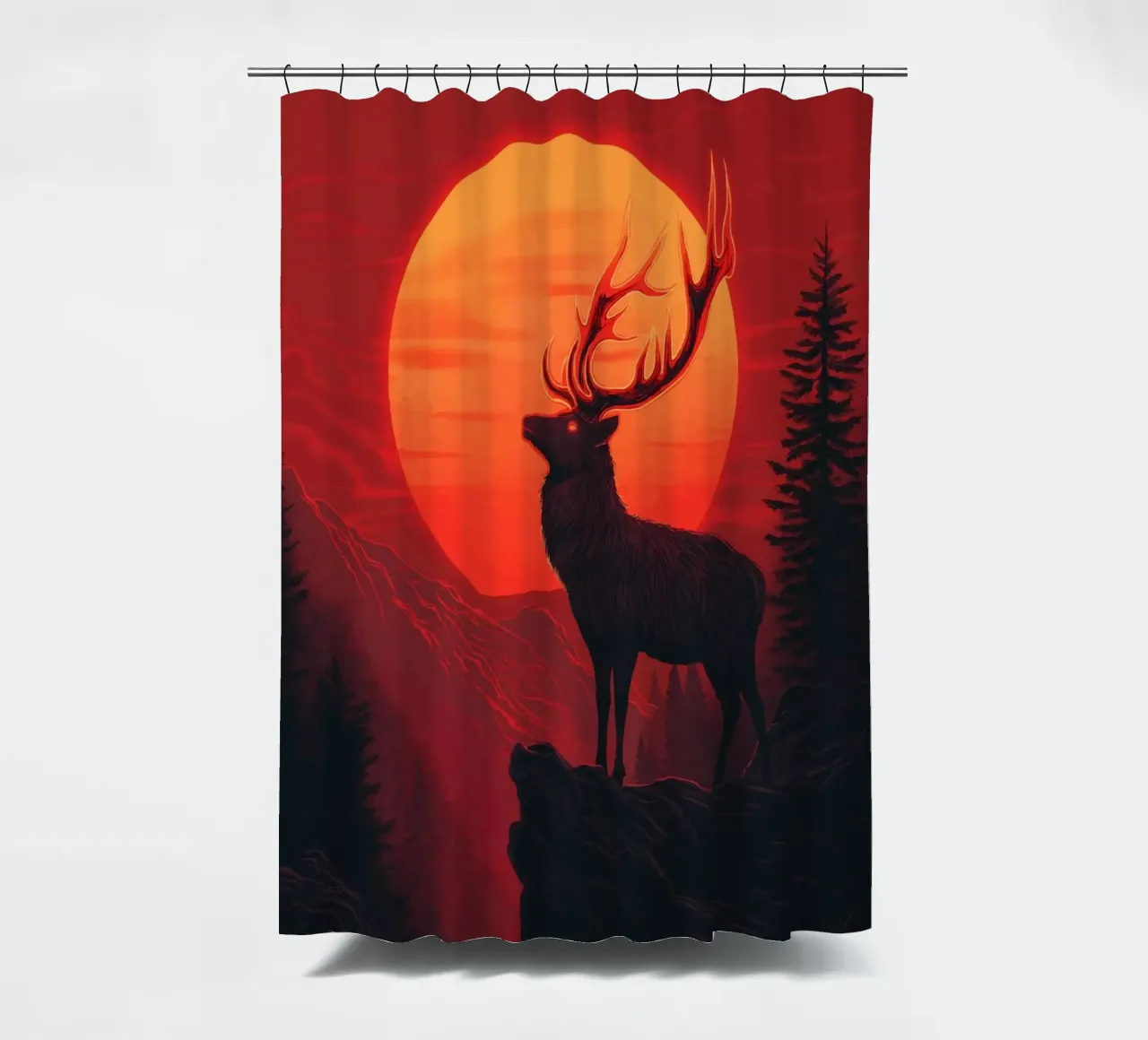 Majestic stag in front of a blood-red sunset shower curtain by pixelbull - medieval art and more
