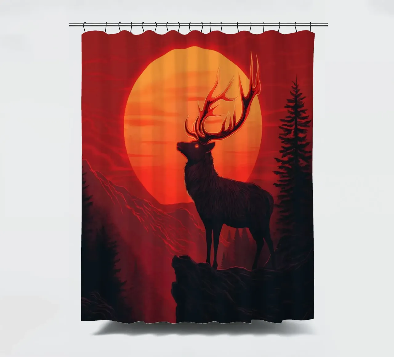 Majestic stag in front of a blood-red sunset shower curtain by pixelbull - medieval art and more