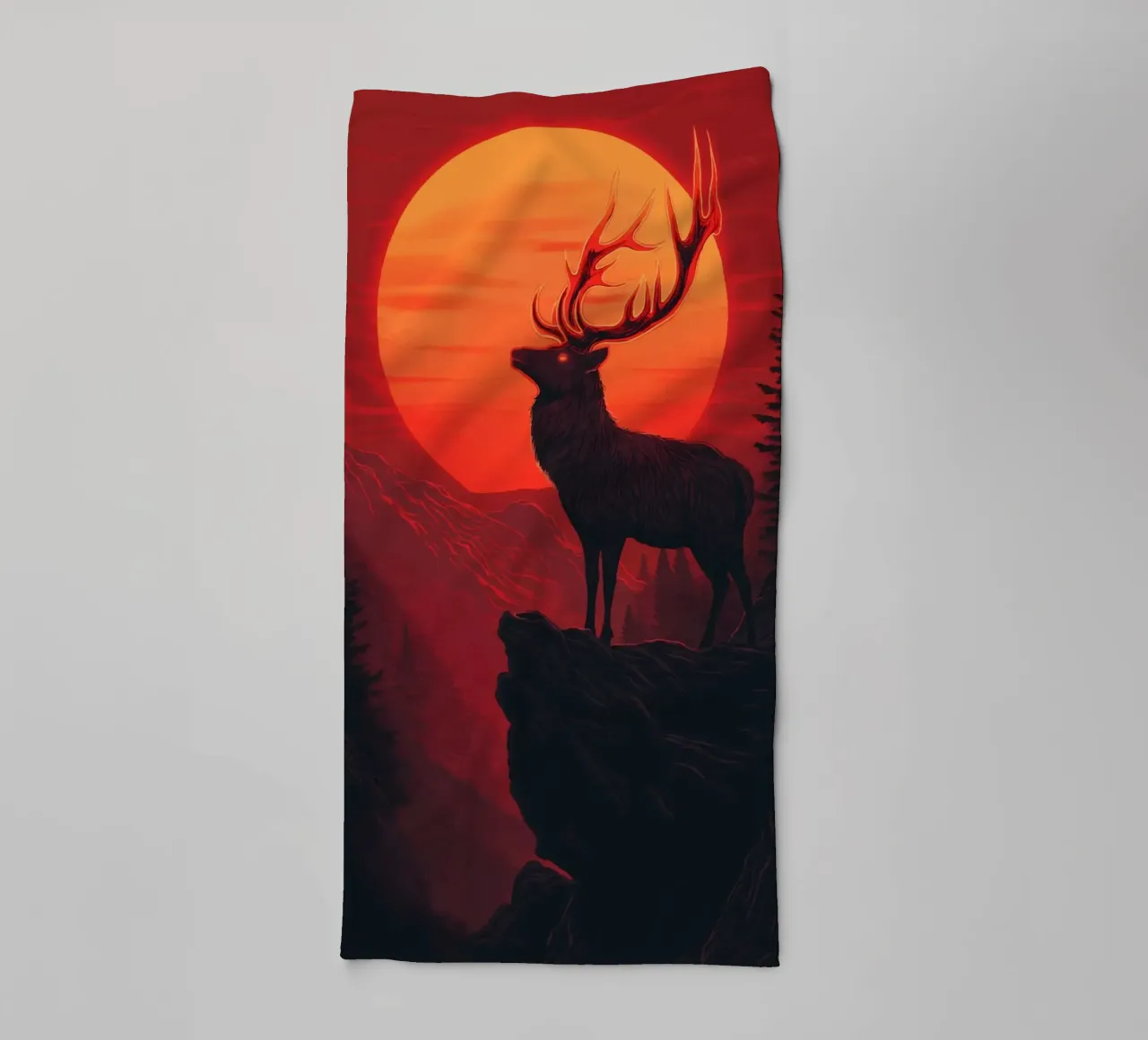 Cerf majestueux devant un coucher de soleil rouge sang serviette de bain de pixelbull - medieval art and more