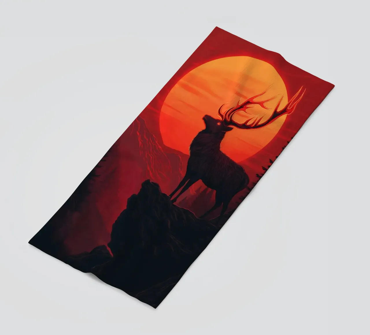 Un maestoso cervo davanti a un tramonto rosso sangue telo mare da pixelbull - medieval art and more
