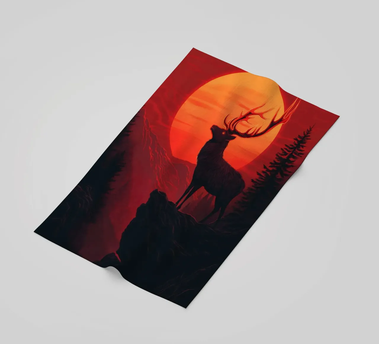 Un maestoso cervo davanti a un tramonto rosso sangue telo mare da pixelbull - medieval art and more