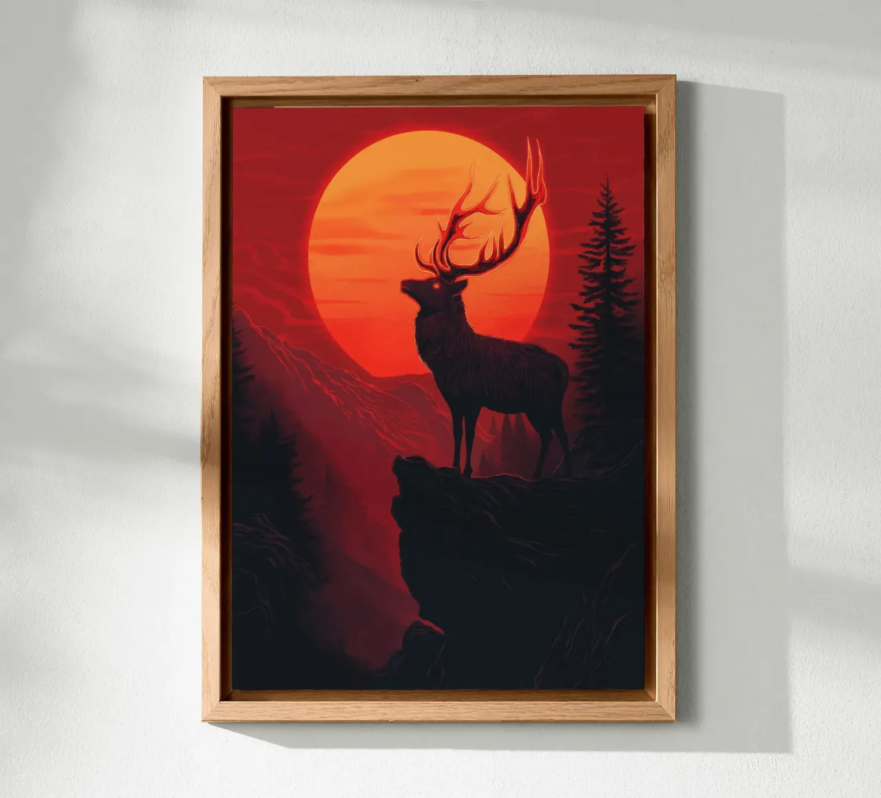 Un maestoso cervo davanti a un tramonto rosso sangue alluminio dibond da pixelbull - medieval art and more