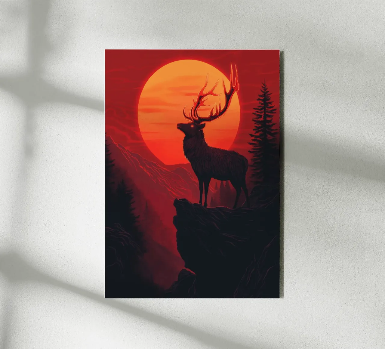 Un maestoso cervo davanti a un tramonto rosso sangue alluminio dibond da pixelbull - medieval art and more