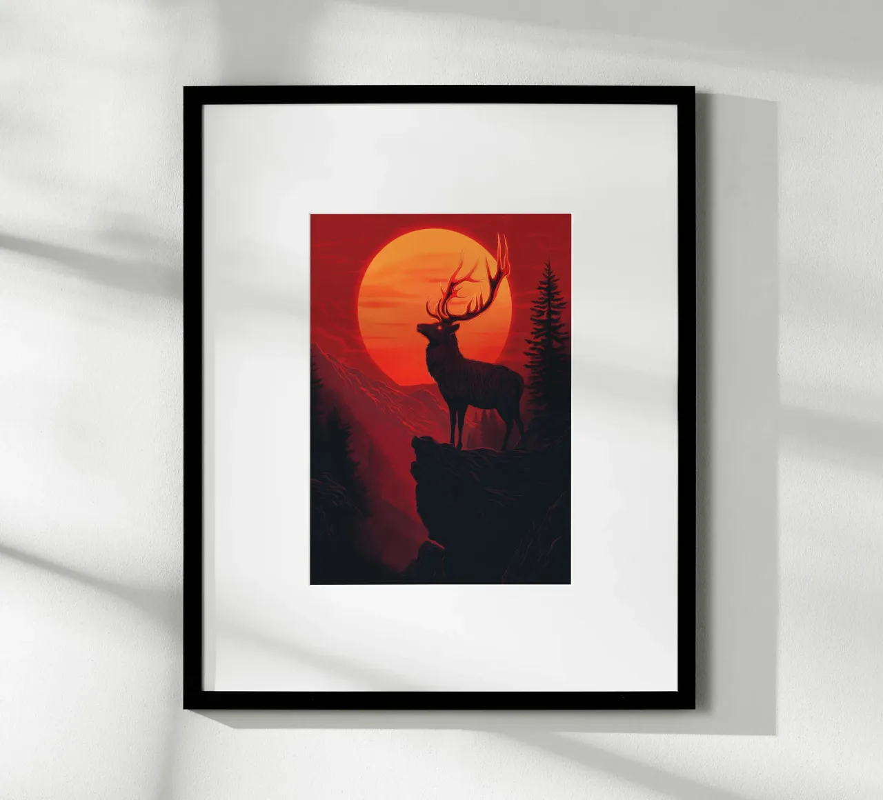 Cerf majestueux devant un coucher de soleil rouge sang hahnemühle de pixelbull - medieval art and more