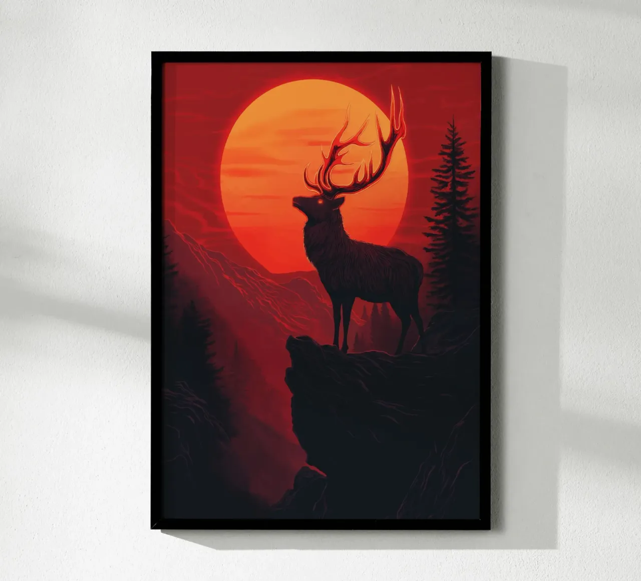 Cerf majestueux devant un coucher de soleil rouge sang hahnemühle de pixelbull - medieval art and more
