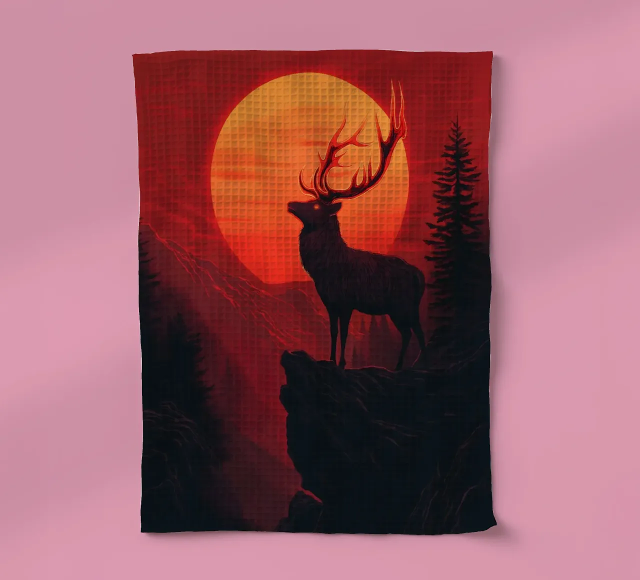 Majestätischer Hirsch vor blutrotem Sonnenuntergang Geschirrtuch von pixelbull - medieval art and more