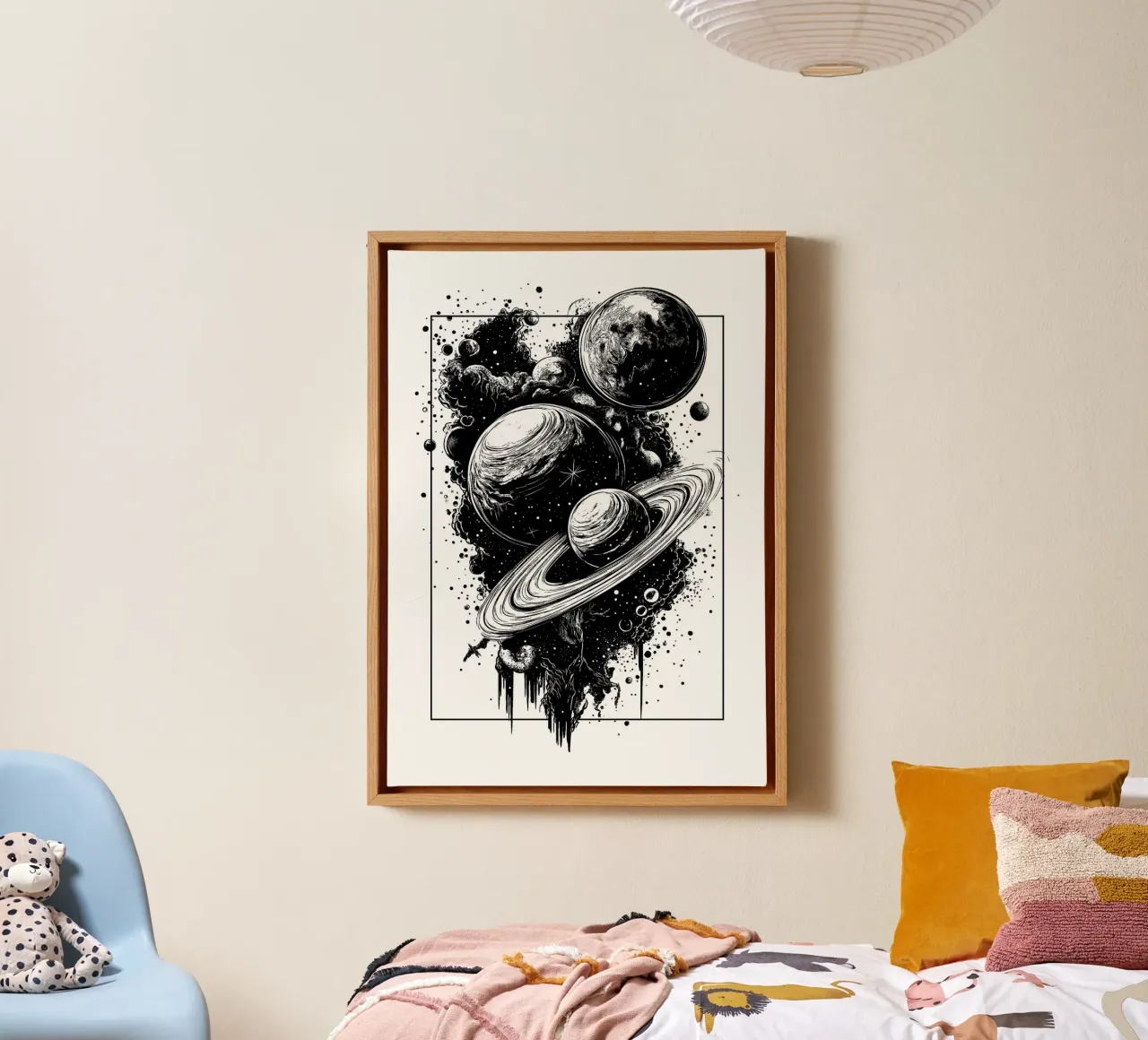 Kosmische Träume in Schwarz und Weiß Leinwand mit Schattenfugenrahmen von pixelbull - medieval art and more