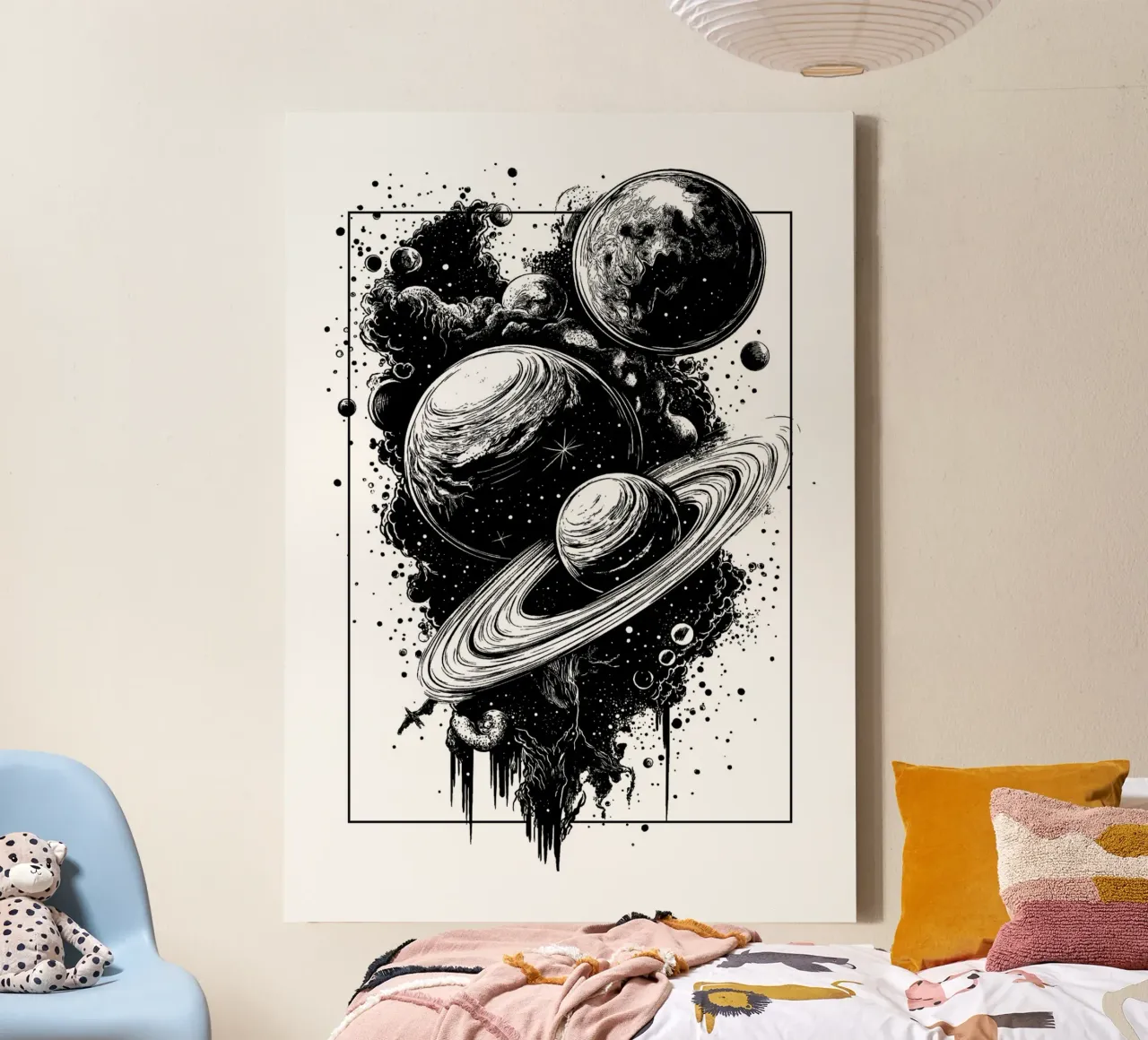 Kosmische Träume in Schwarz und Weiß Leinwand mit Schattenfugenrahmen von pixelbull - medieval art and more