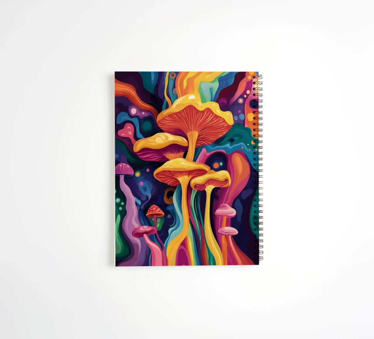 Cosmic mushrooms in a blaze of colour spiral notebook by pixelbull - medieval art and more