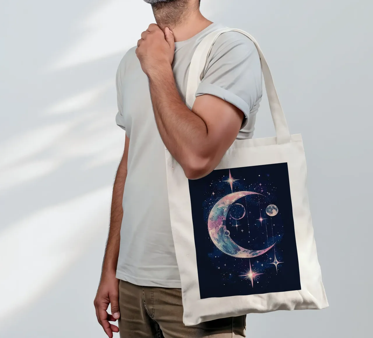 Cosmic reverie with crescent moon and stars tote bag by pixelbull - medieval art and more