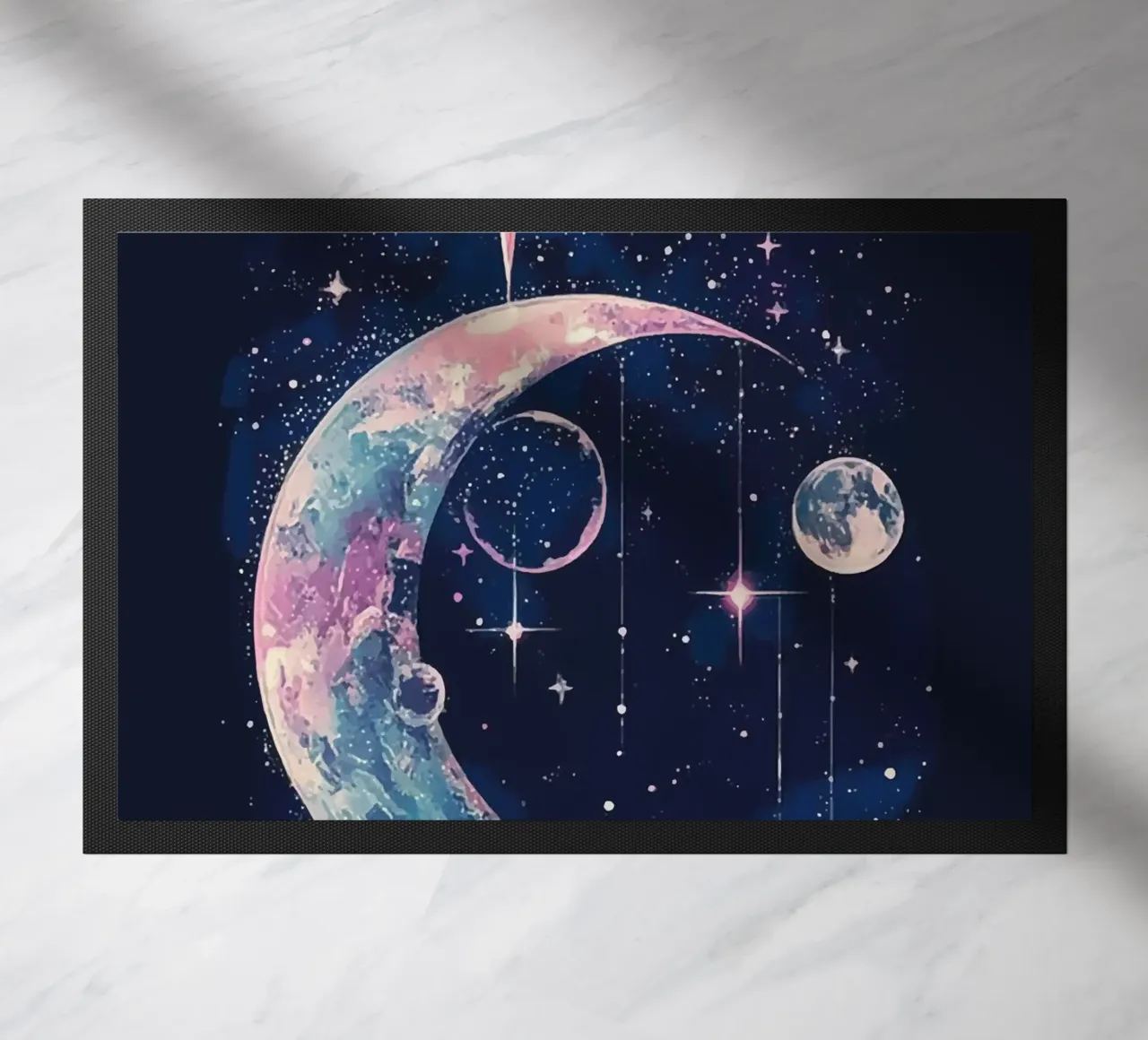 Cosmic reverie with crescent moon and stars doormat by pixelbull - medieval art and more