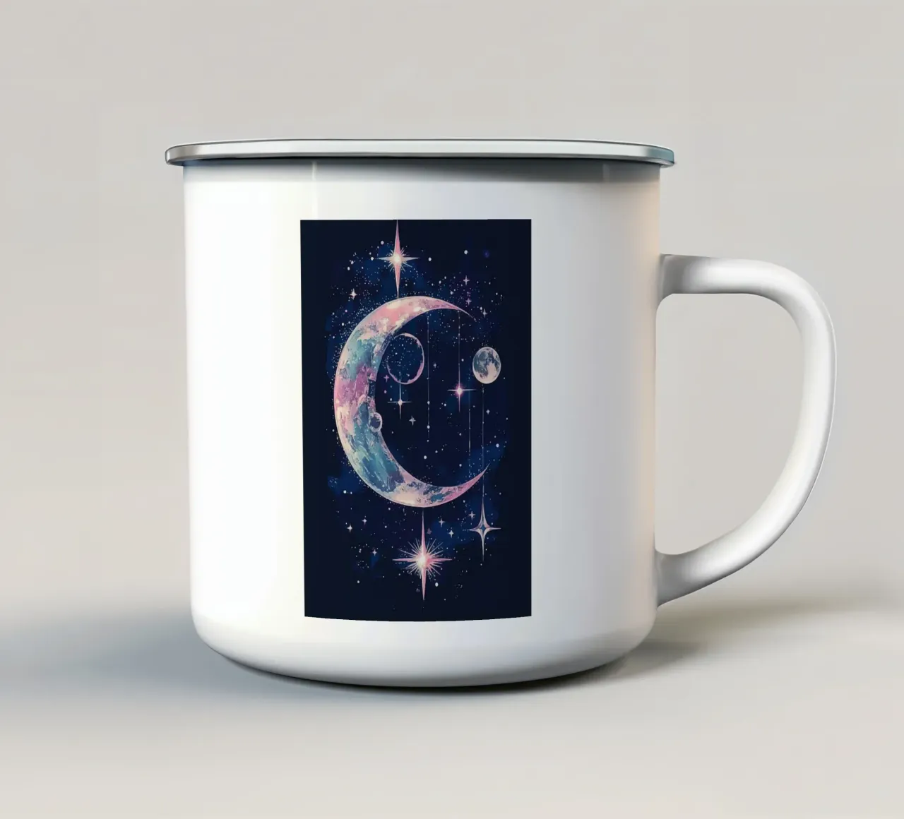 Kosmische mijmering met maansikkel en sterren emaille mok van pixelbull - medieval art and more