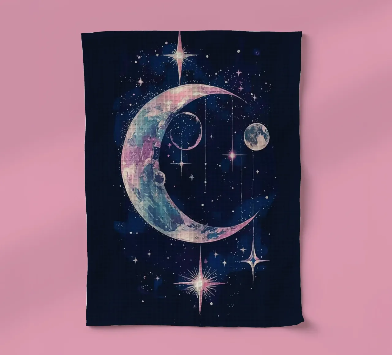 Cosmic reverie with crescent moon and stars tea towel by pixelbull - medieval art and more