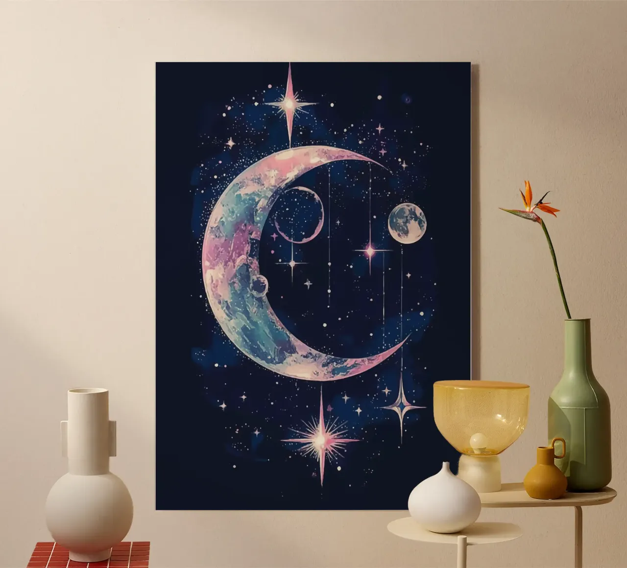 Cosmic reverie with crescent moon and stars acrylic glass by pixelbull - medieval art and more