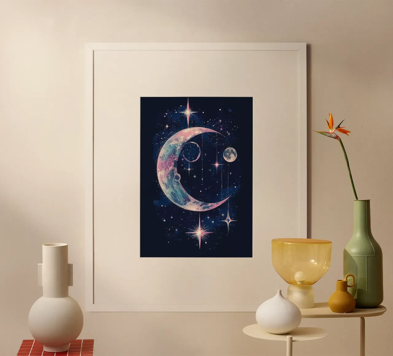 Cosmic reverie with crescent moon and stars poster by pixelbull - medieval art and more