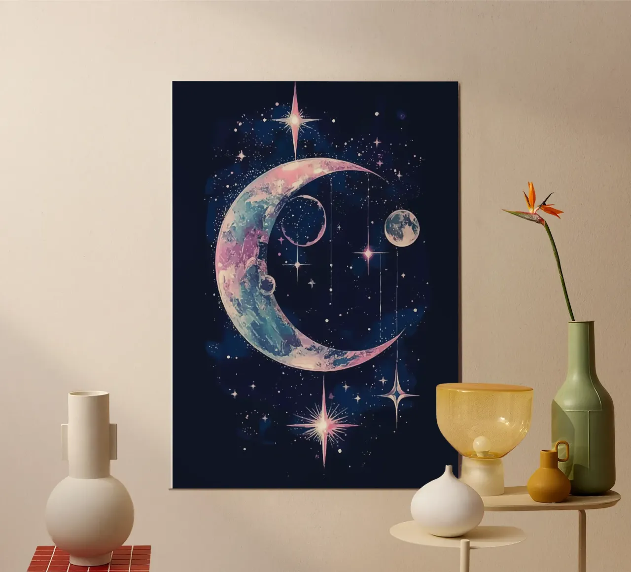 Cosmic reverie with crescent moon and stars poster by pixelbull - medieval art and more