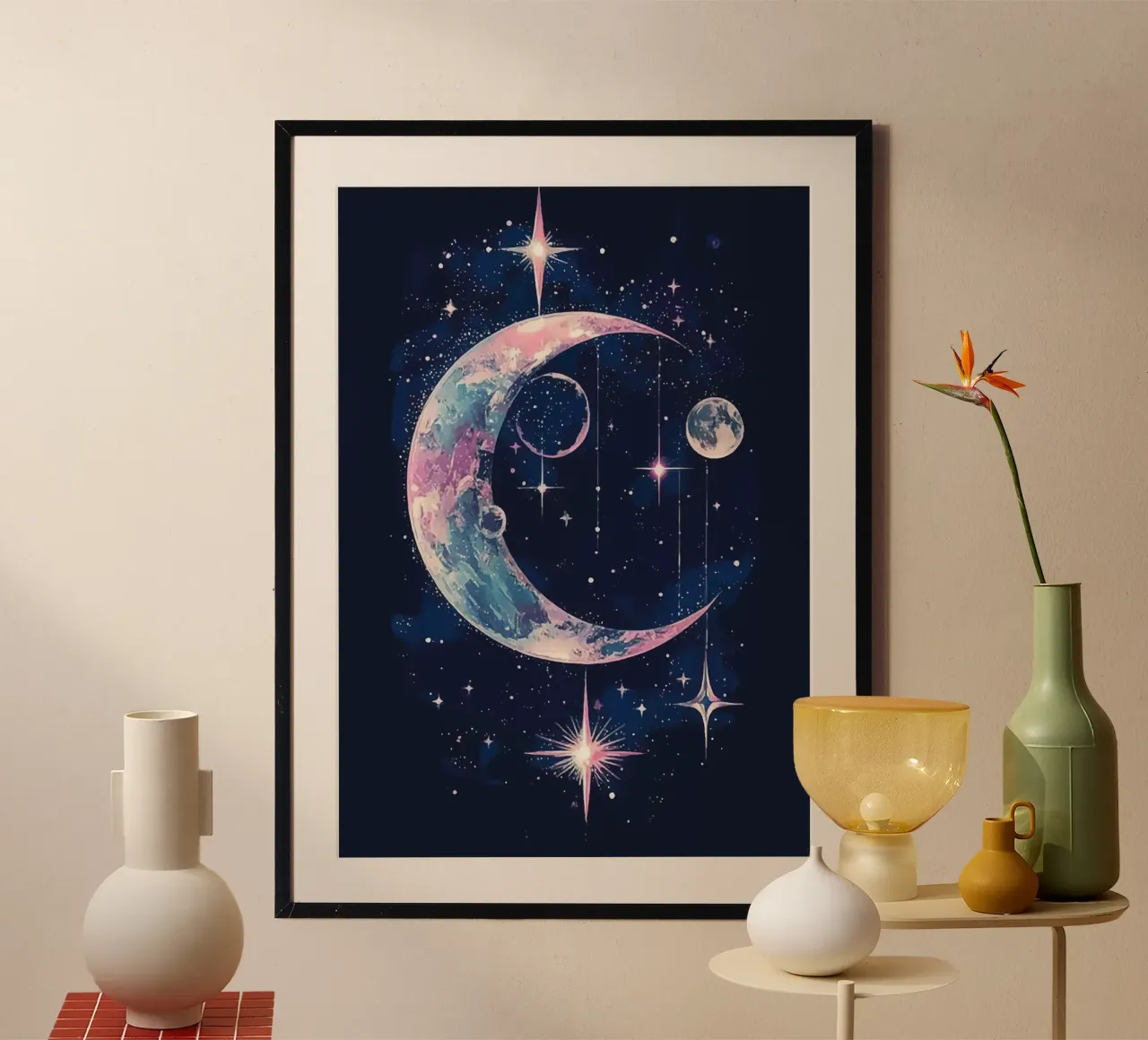 Cosmic reverie with crescent moon and stars poster by pixelbull - medieval art and more