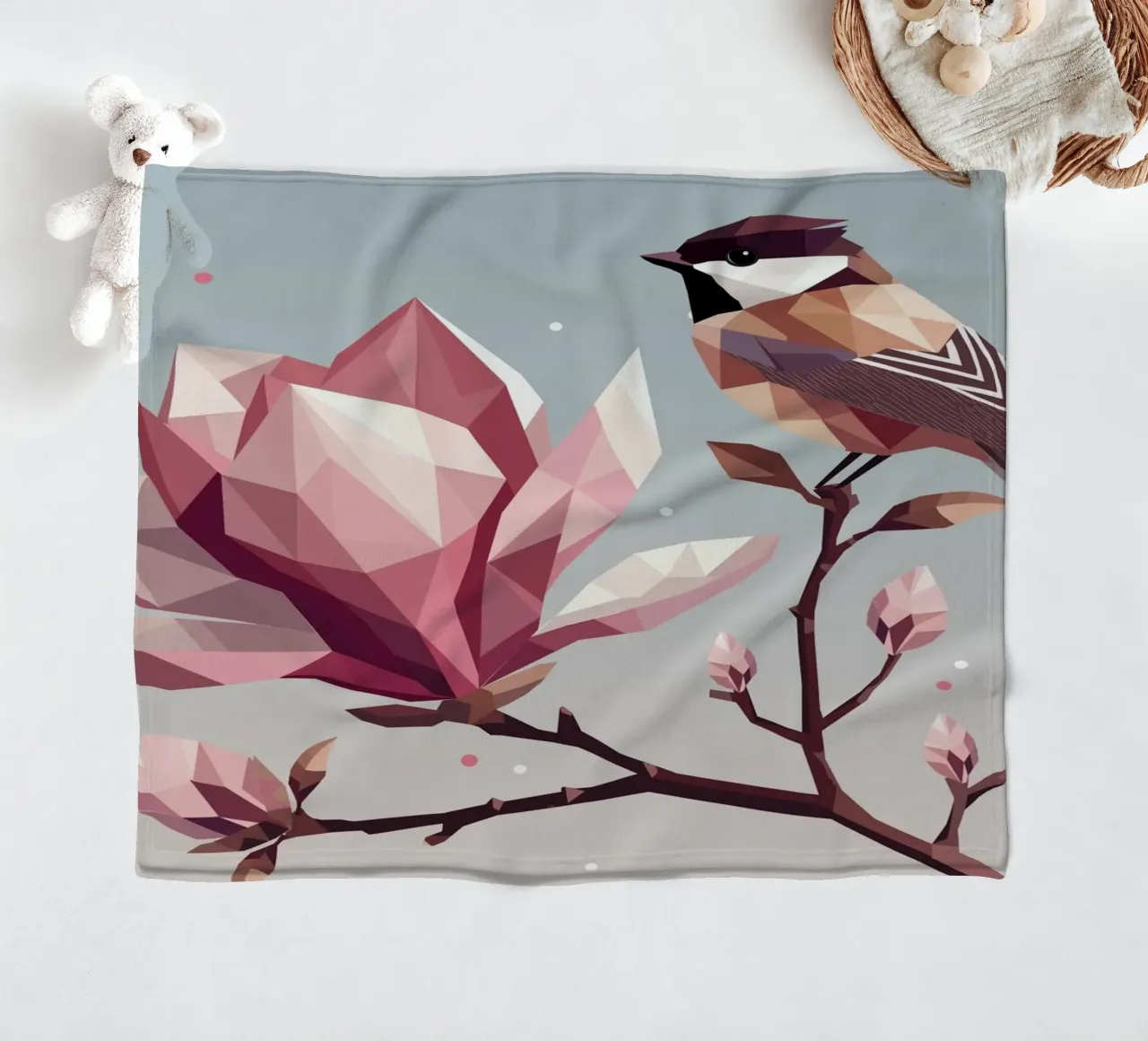 Uccello su ramo di magnolia - Composizione armoniosa coperta in pile da namosh