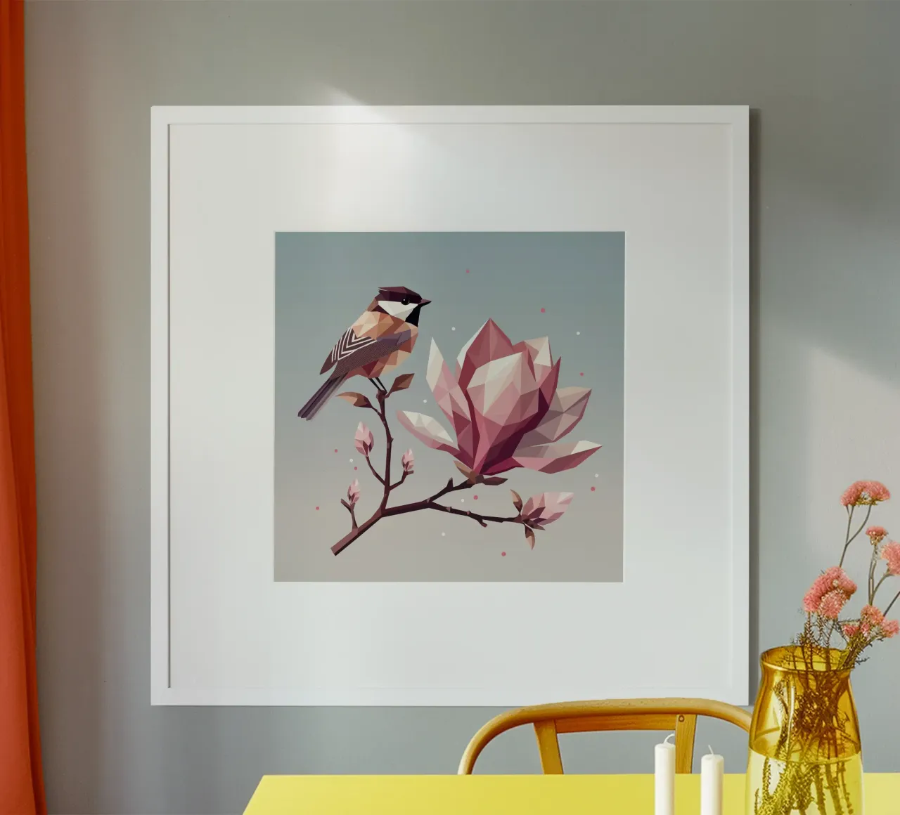 Uccello su ramo di magnolia - Composizione armoniosa carta hahnemühle da namosh