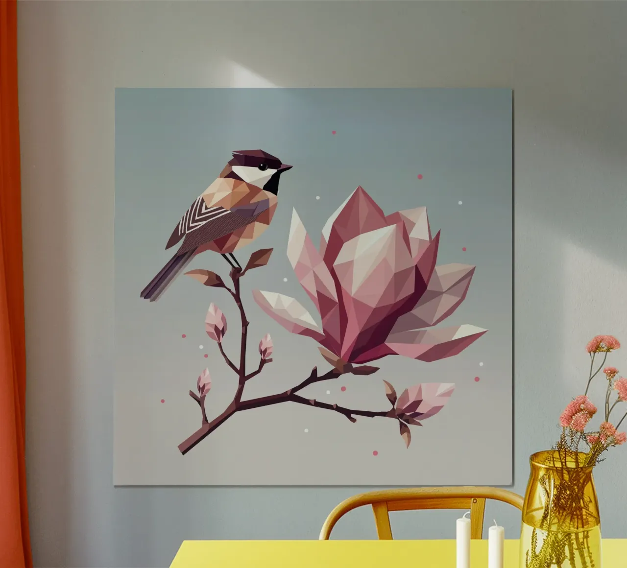 Uccello su ramo di magnolia - Composizione armoniosa carta hahnemühle da namosh