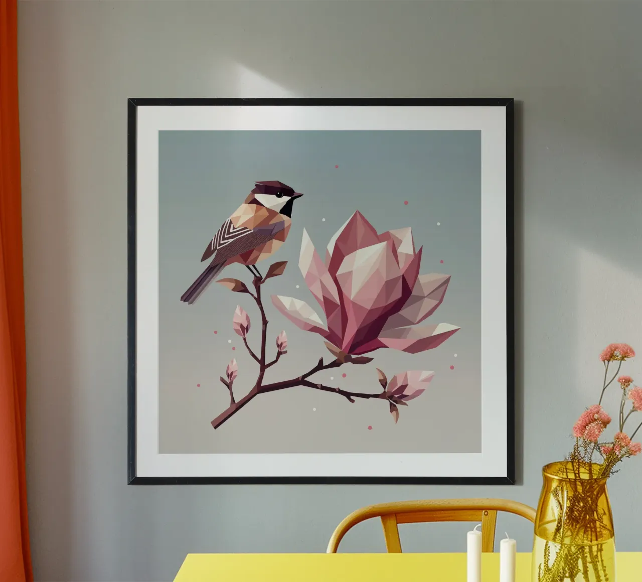 Uccello su ramo di magnolia - Composizione armoniosa carta hahnemühle da namosh