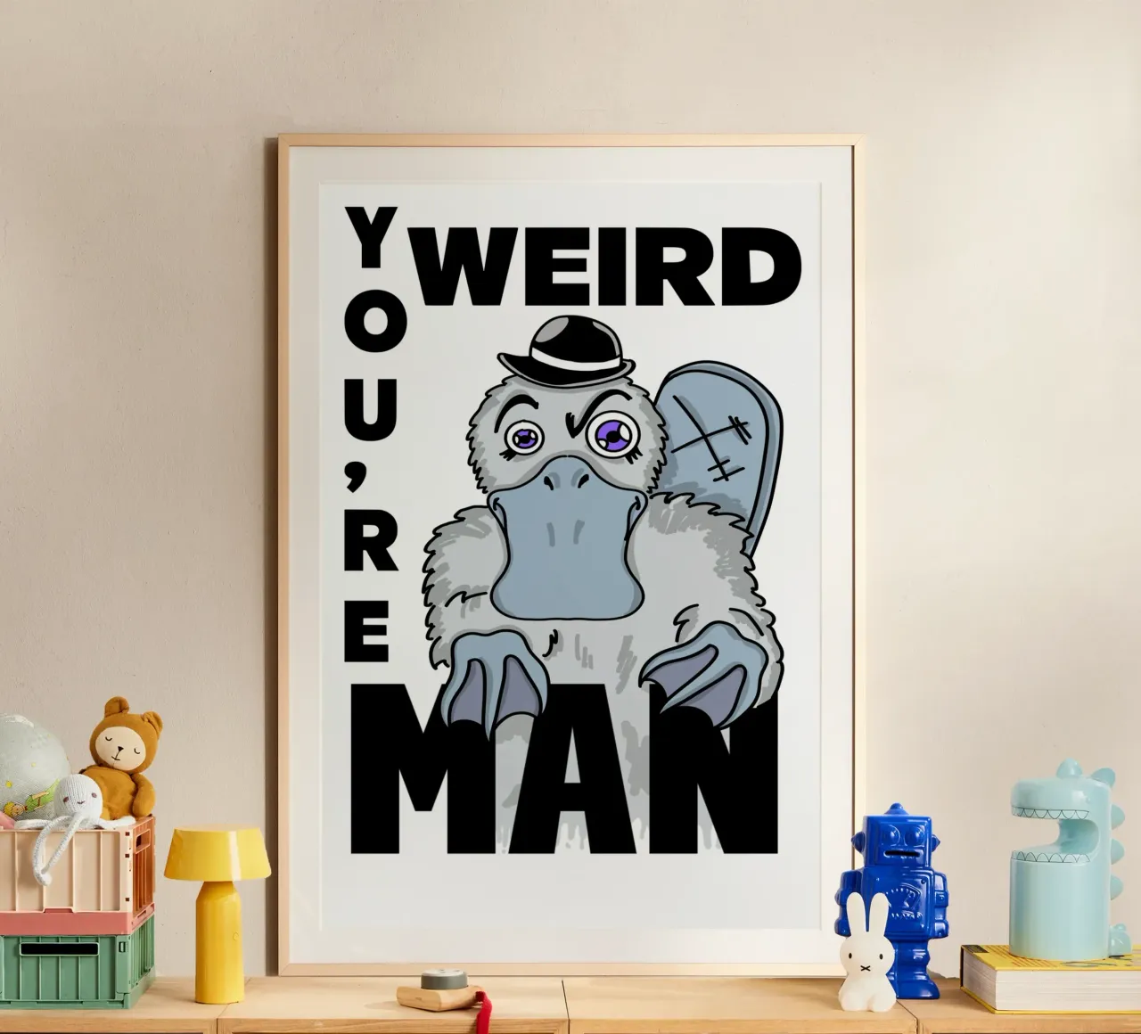 Funny You're Weird Platypus Urban Alt Comics Pop Street Art poster con marco de plástico de sillyindustries