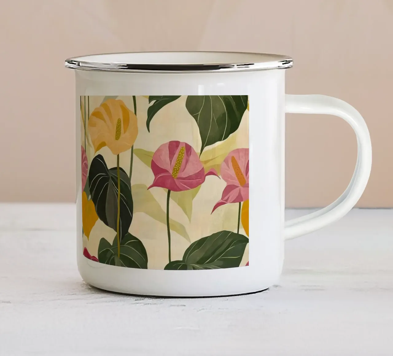 Pink and Yellow Anthuriums tazza in smalto da Sunflower Soul Studio