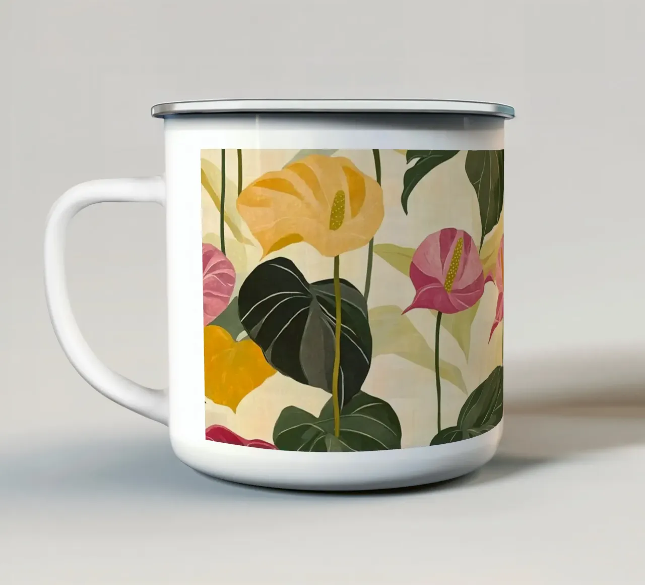 Pink and Yellow Anthuriums tazza in smalto da Sunflower Soul Studio