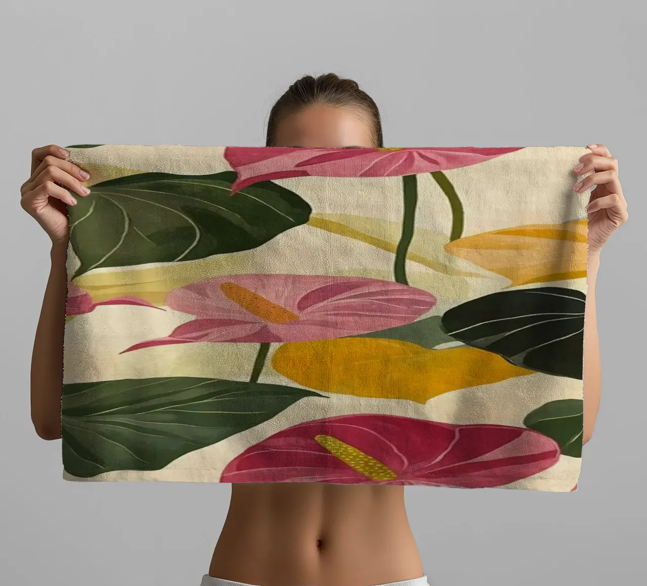 Pink and Yellow Anthuriums asciugamano da bagno da Sunflower Soul Studio