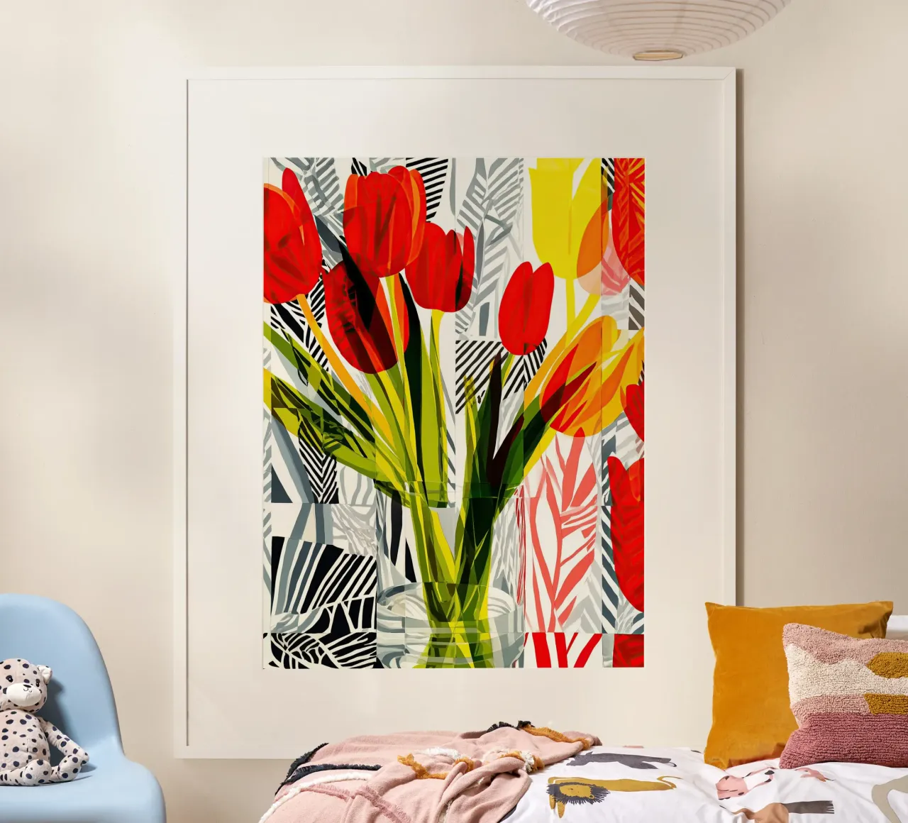Natura morta primaverile moderna e decorativa con tulipani poster con telaio in plastica da Autofocus