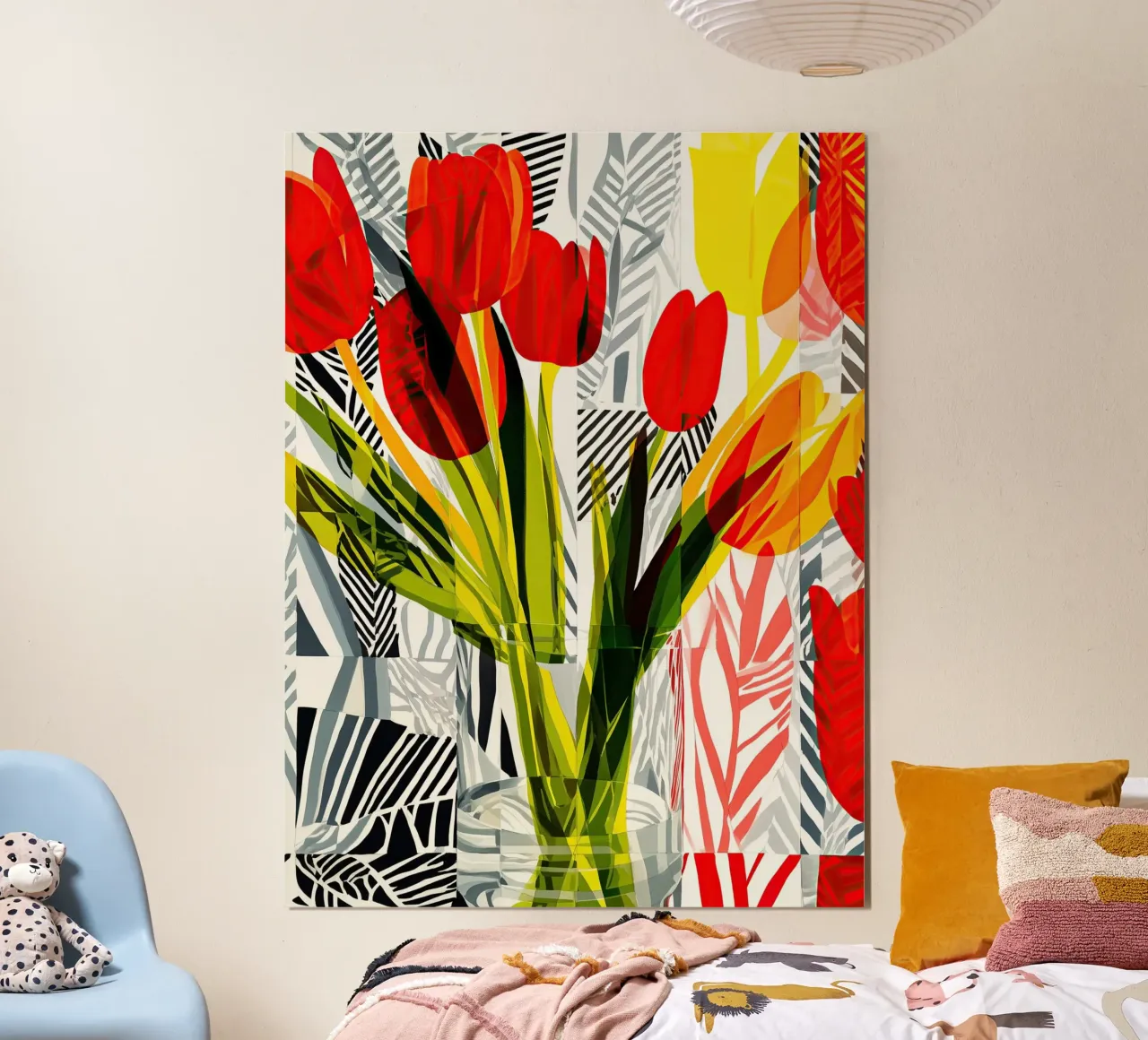 Natura morta primaverile moderna e decorativa con tulipani poster con telaio in plastica da Autofocus