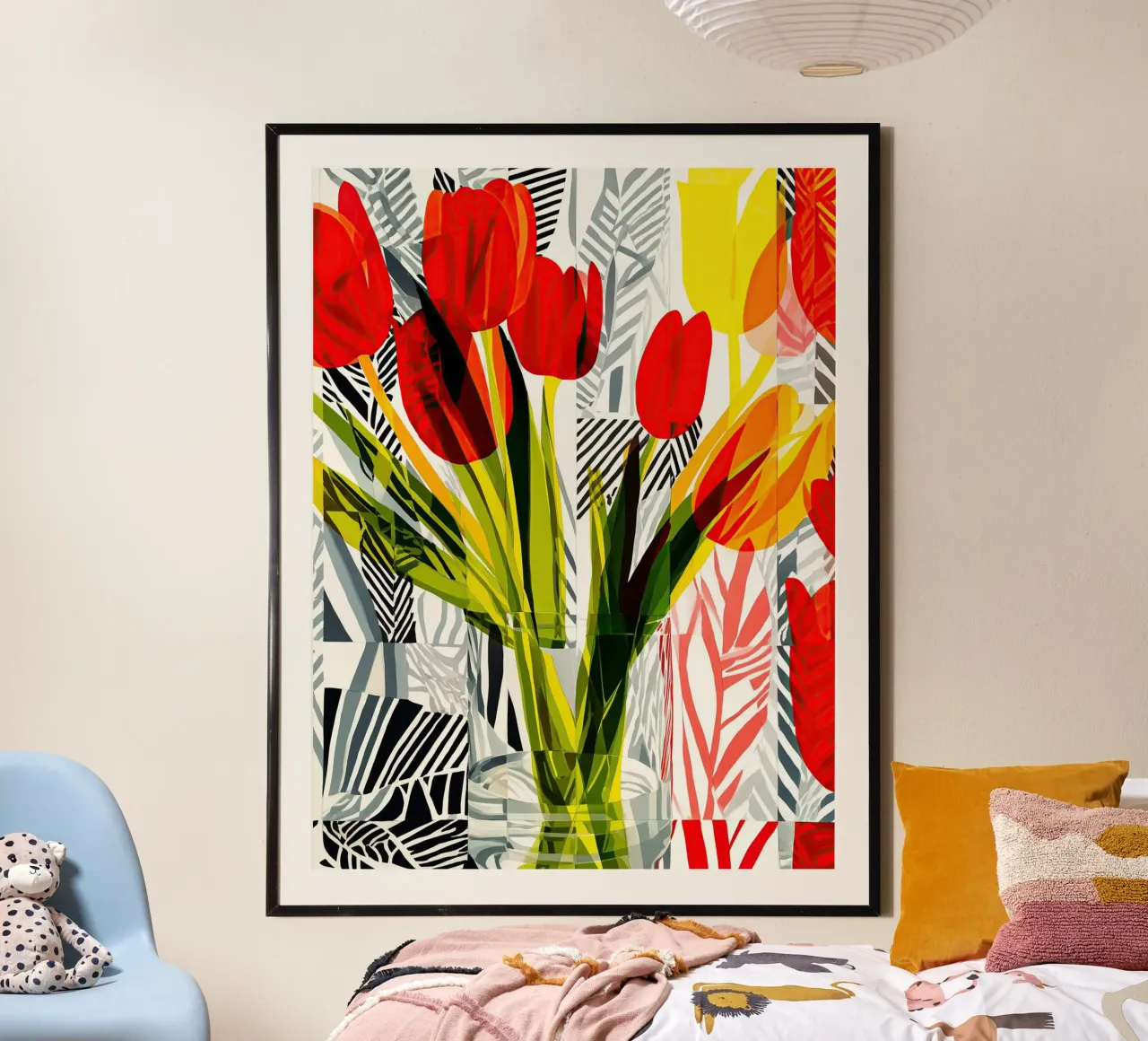 Natura morta primaverile moderna e decorativa con tulipani poster con telaio in plastica da Autofocus