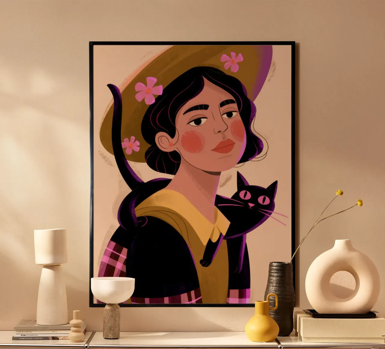 Gatto dal cappello stravagante poster con telaio in legno da Nebula Verse
