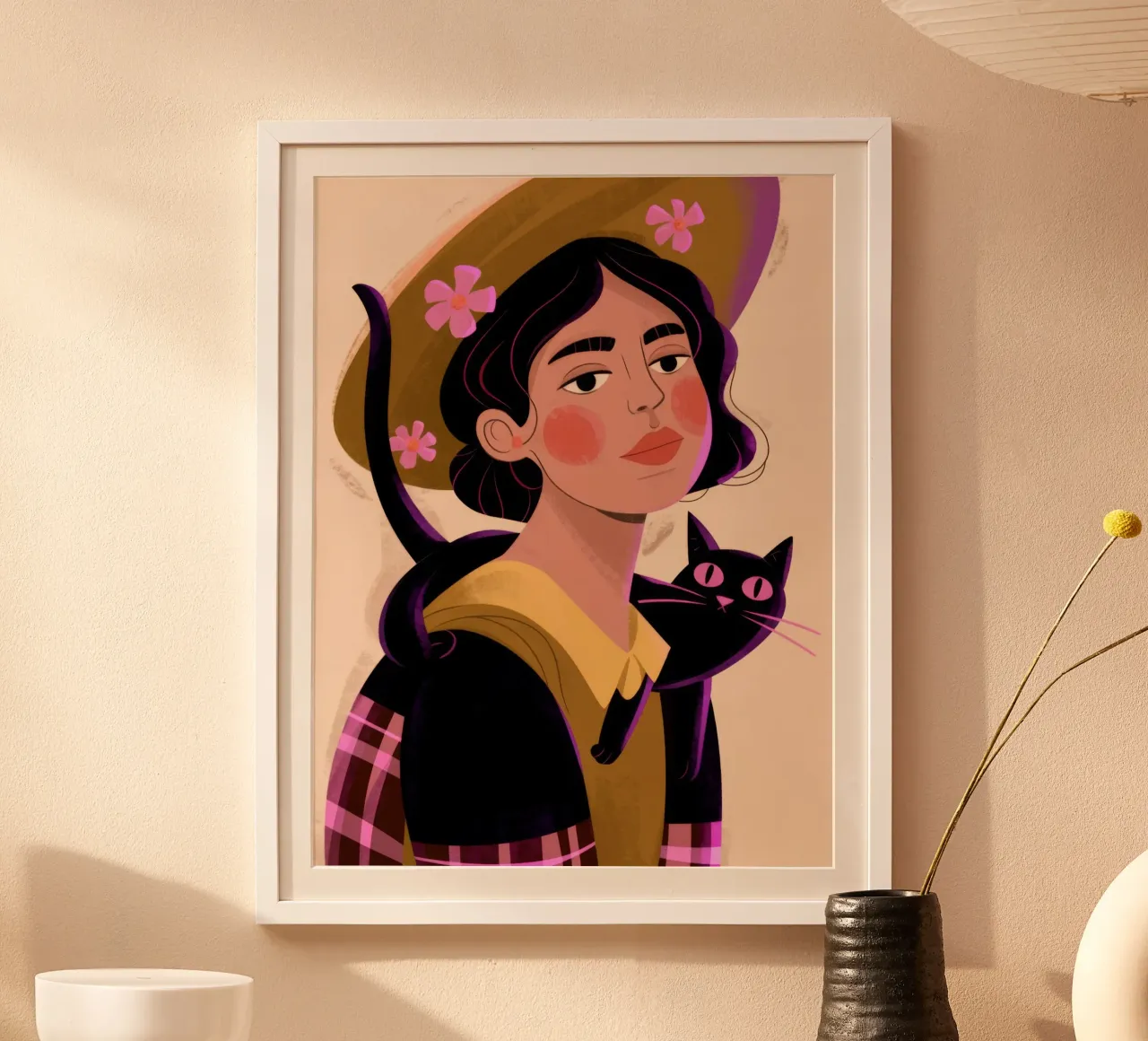 Gatto dal cappello stravagante poster con telaio in legno da Nebula Verse