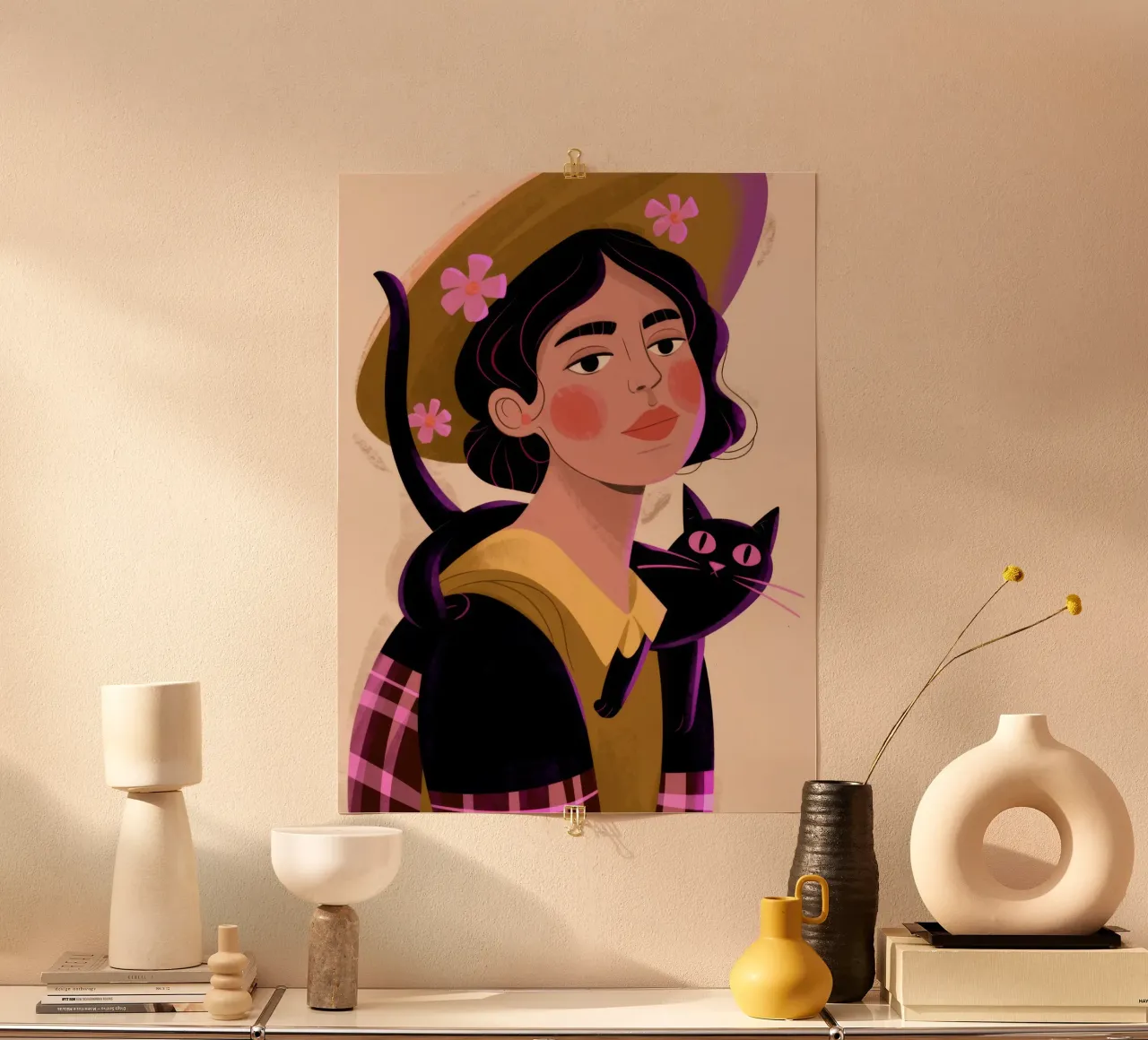 Gatto dal cappello stravagante poster con telaio in legno da Nebula Verse