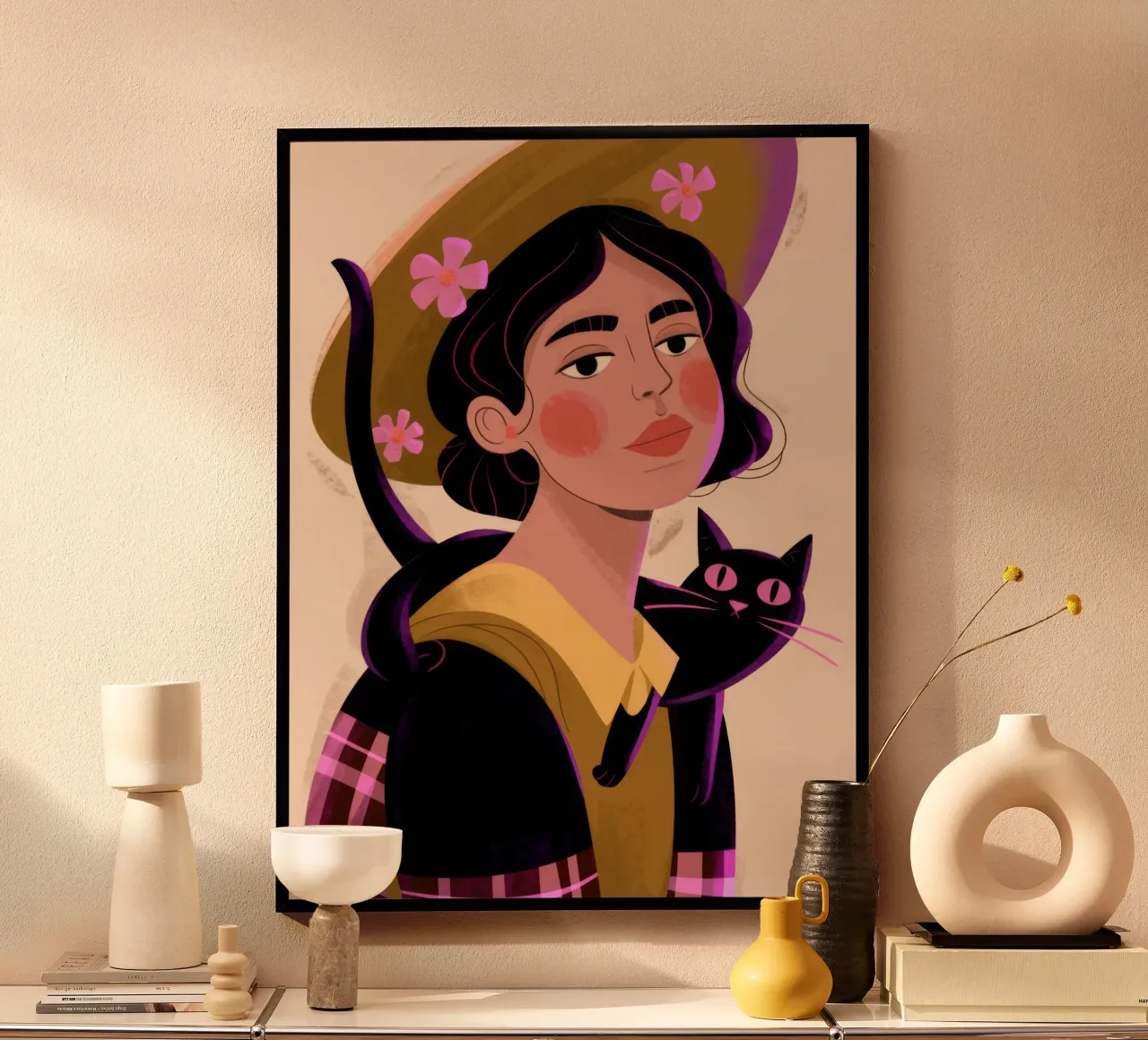 Gatto dal cappello stravagante poster con telaio in legno da Nebula Verse