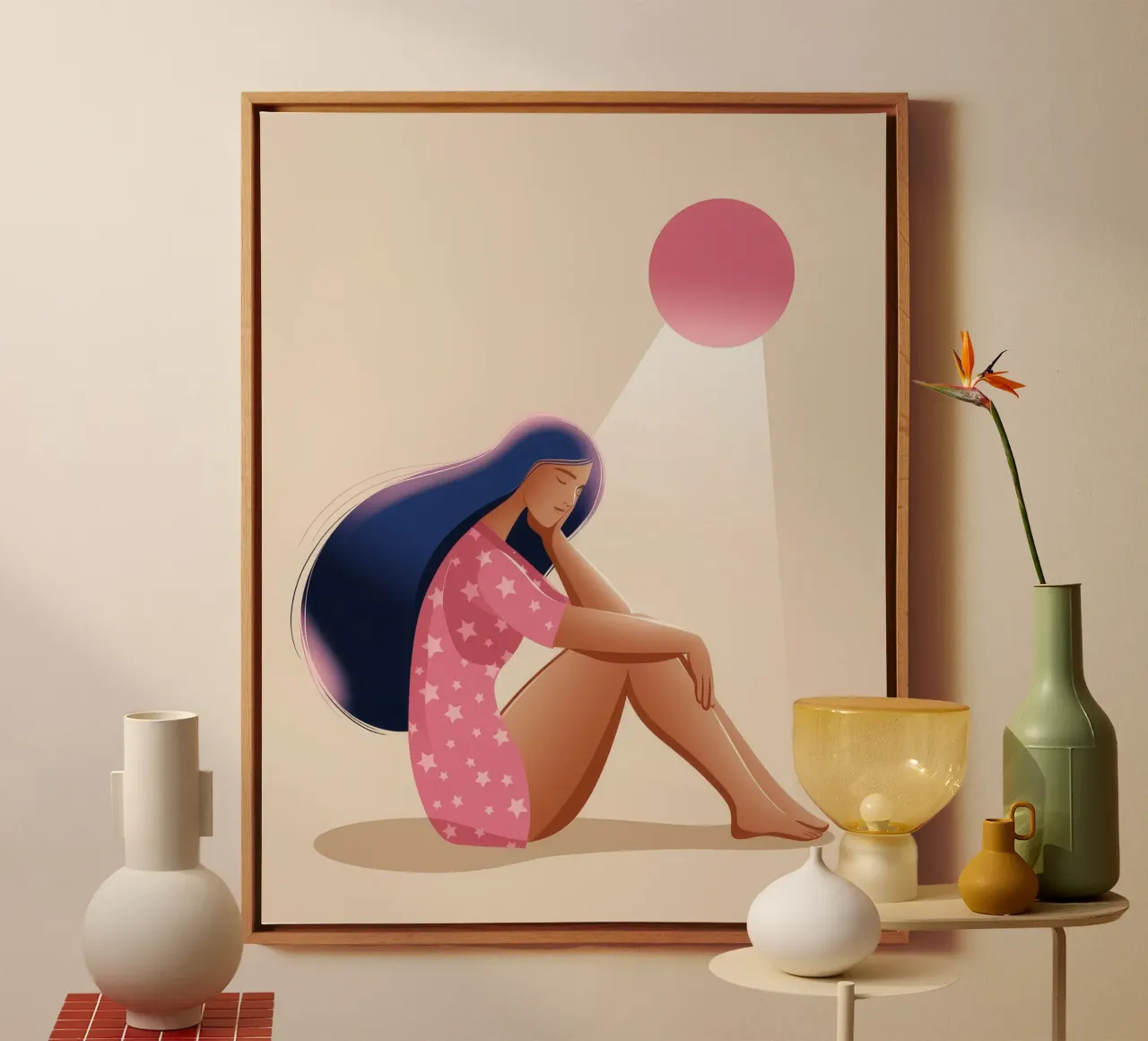 Reflektierende rosa Einsamkeit Leinwand mit Schattenfugenrahmen von Nebula Verse