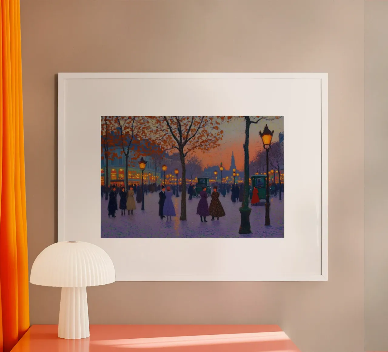 Luci della sera sul viale poster con telaio in legno da Art Center