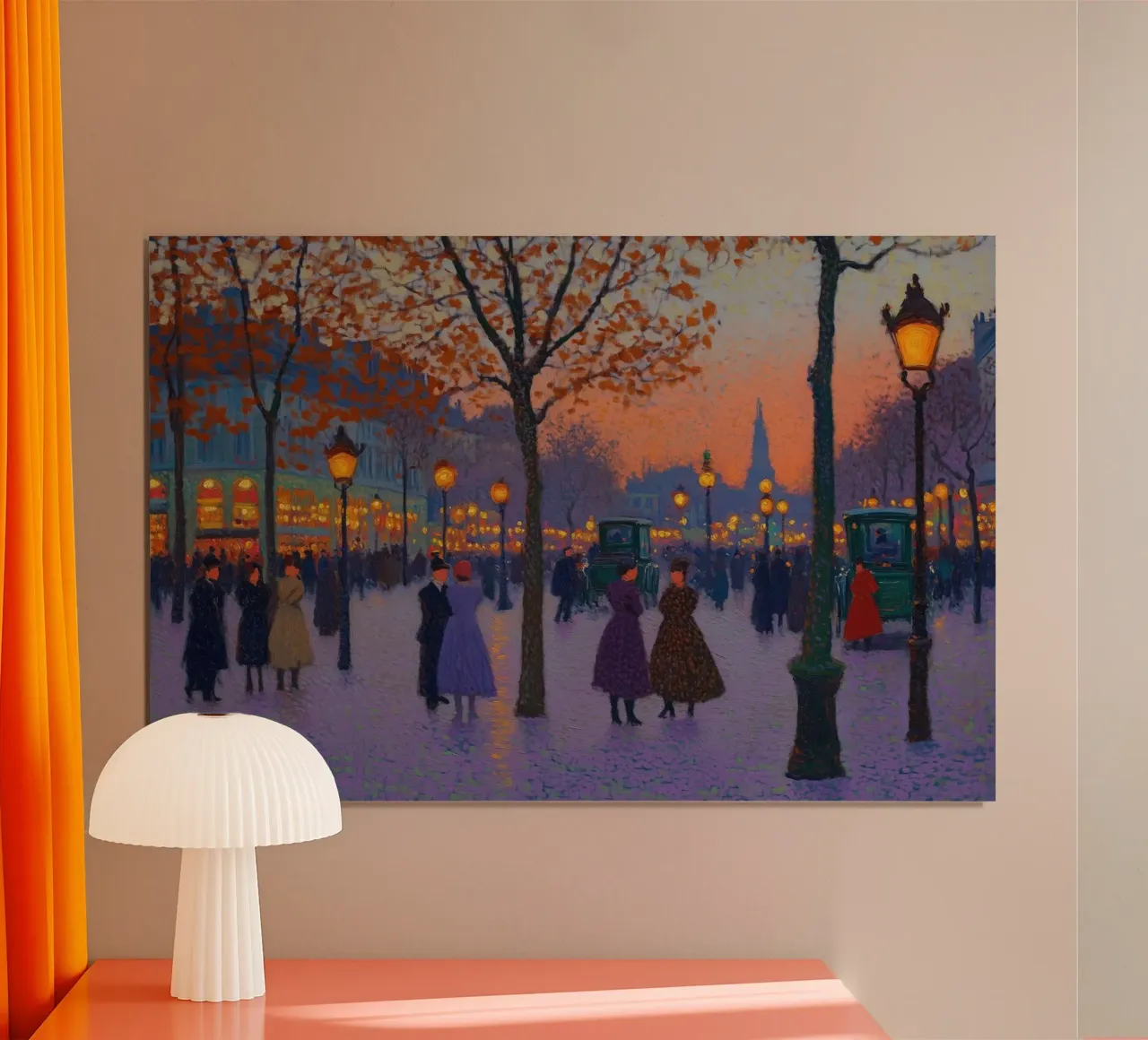 Luci della sera sul viale poster con telaio in legno da Art Center