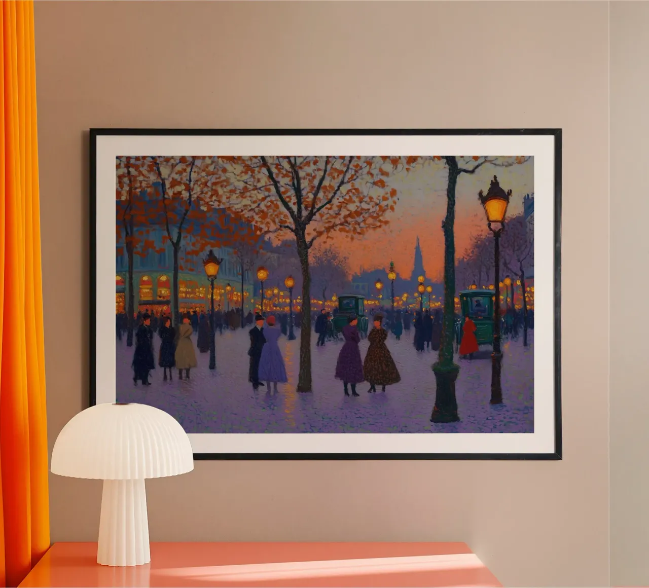 Luci della sera sul viale poster con telaio in legno da Art Center