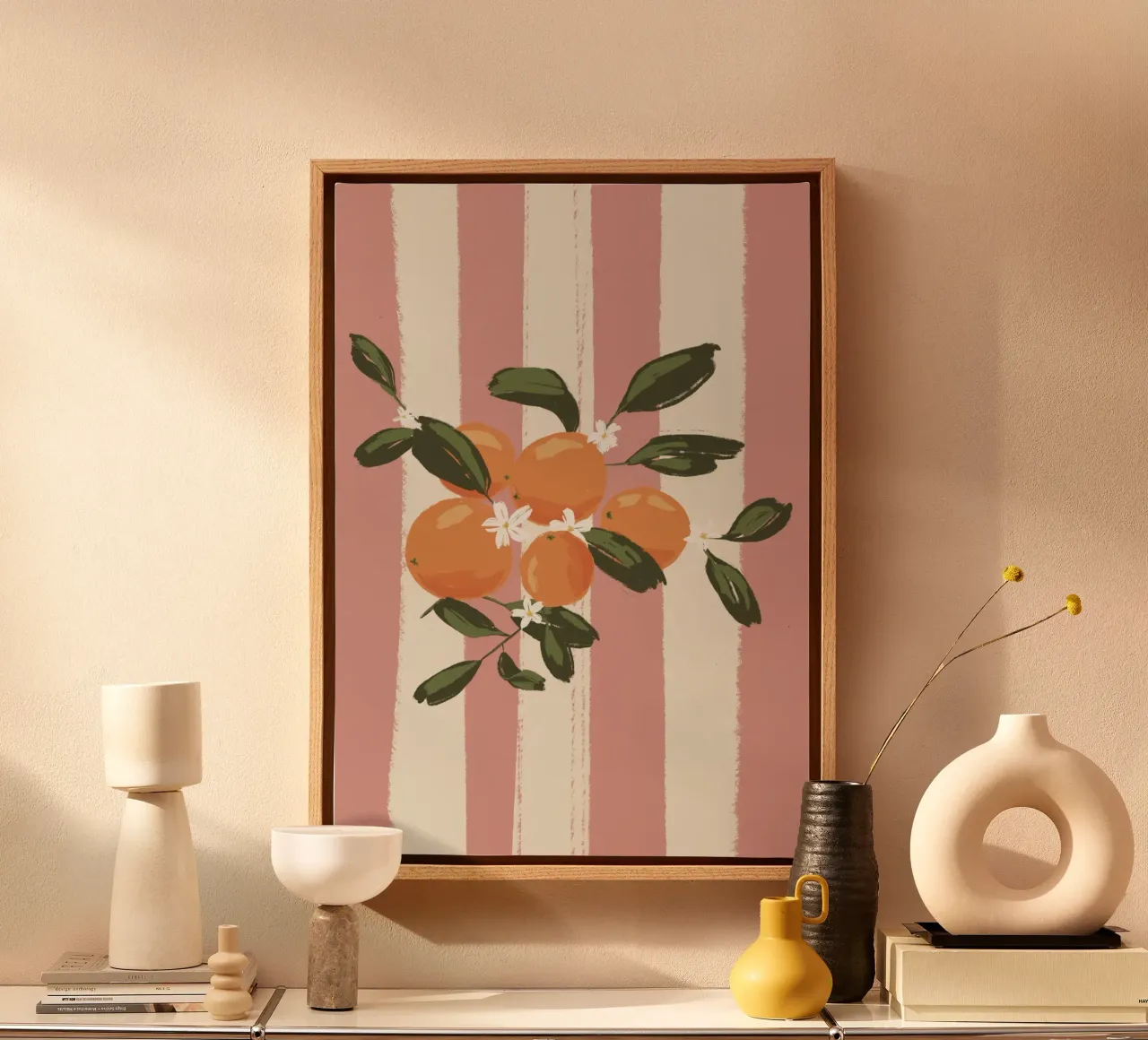 Sinaasappels op roze strepen canvas met Baklijst van Sixmai