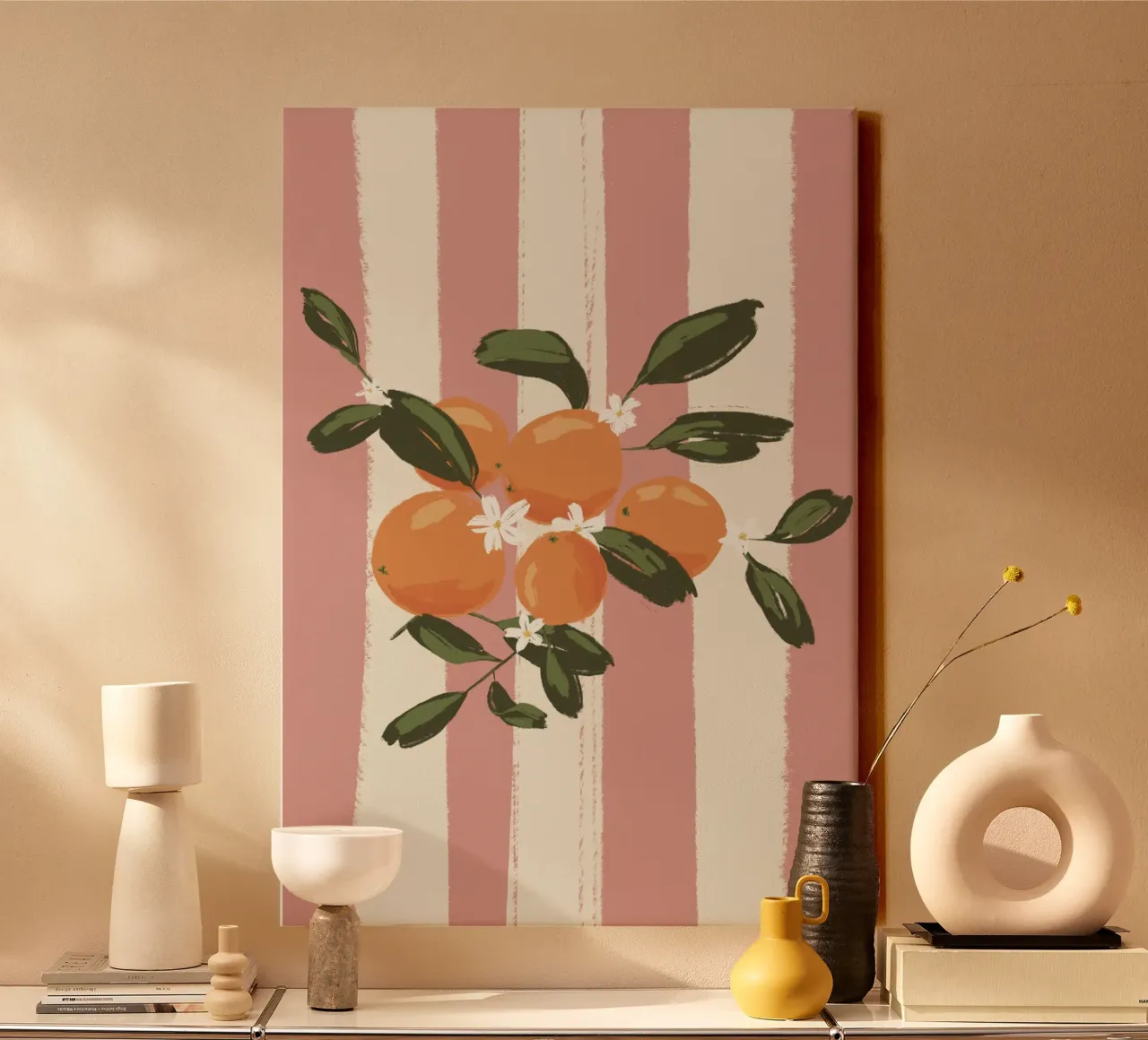 Sinaasappels op roze strepen canvas met Baklijst van Sixmai