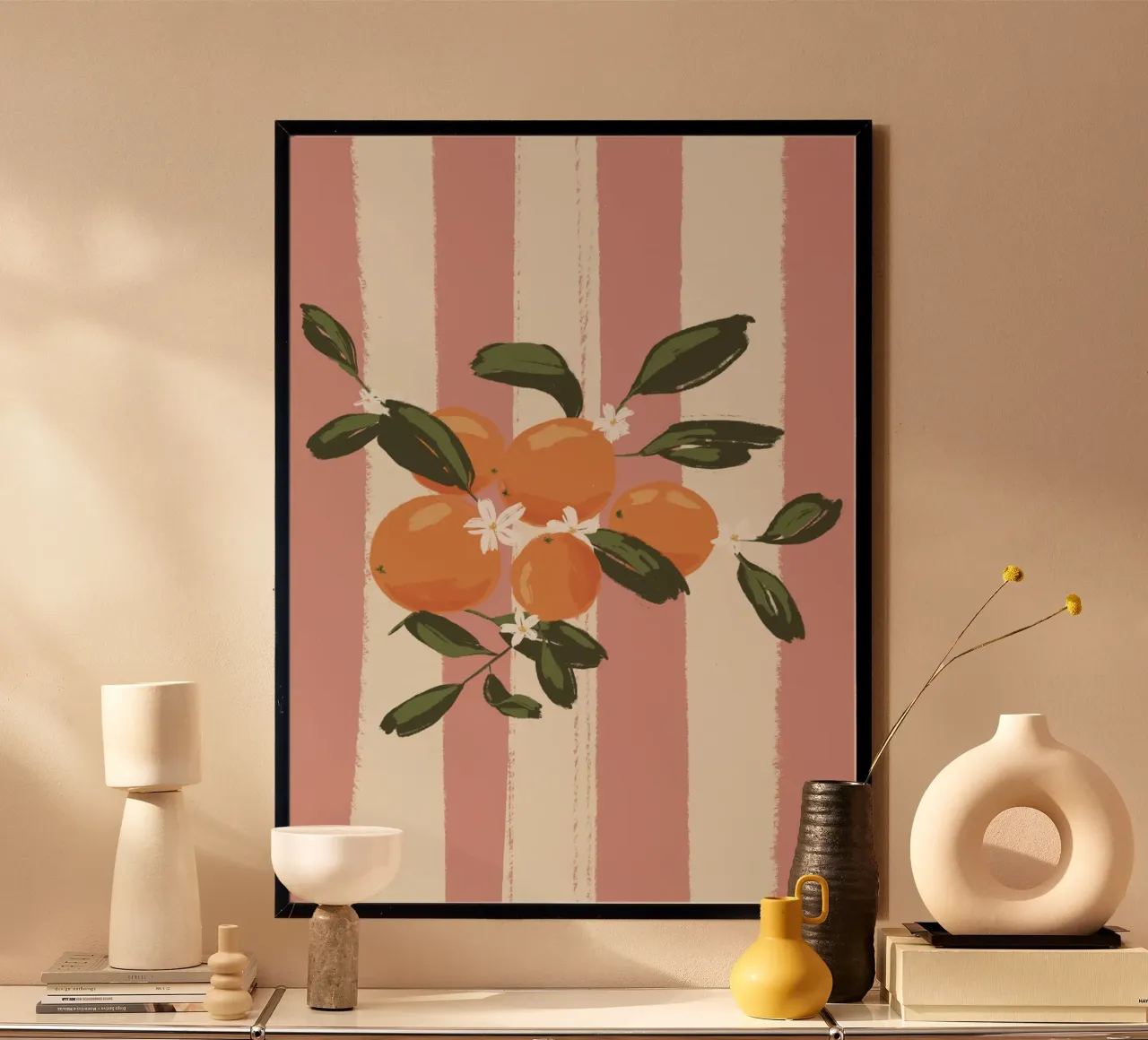 Arancioni su strisce rosa poster con telaio in legno da Sixmai