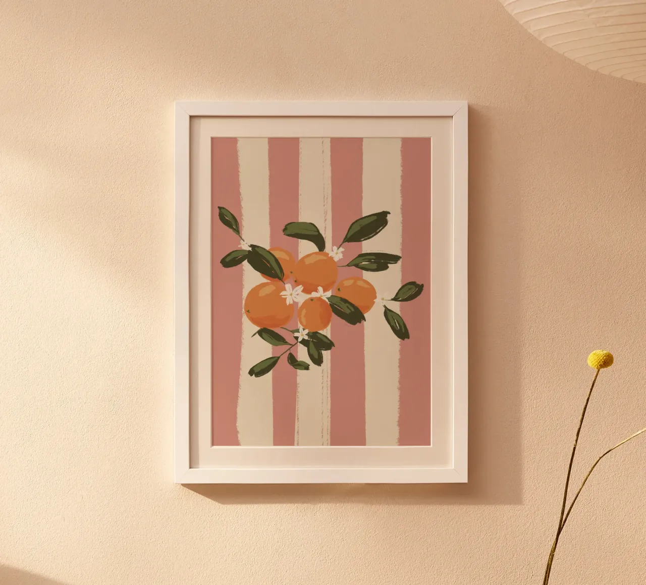 Arancioni su strisce rosa poster con telaio in legno da Sixmai
